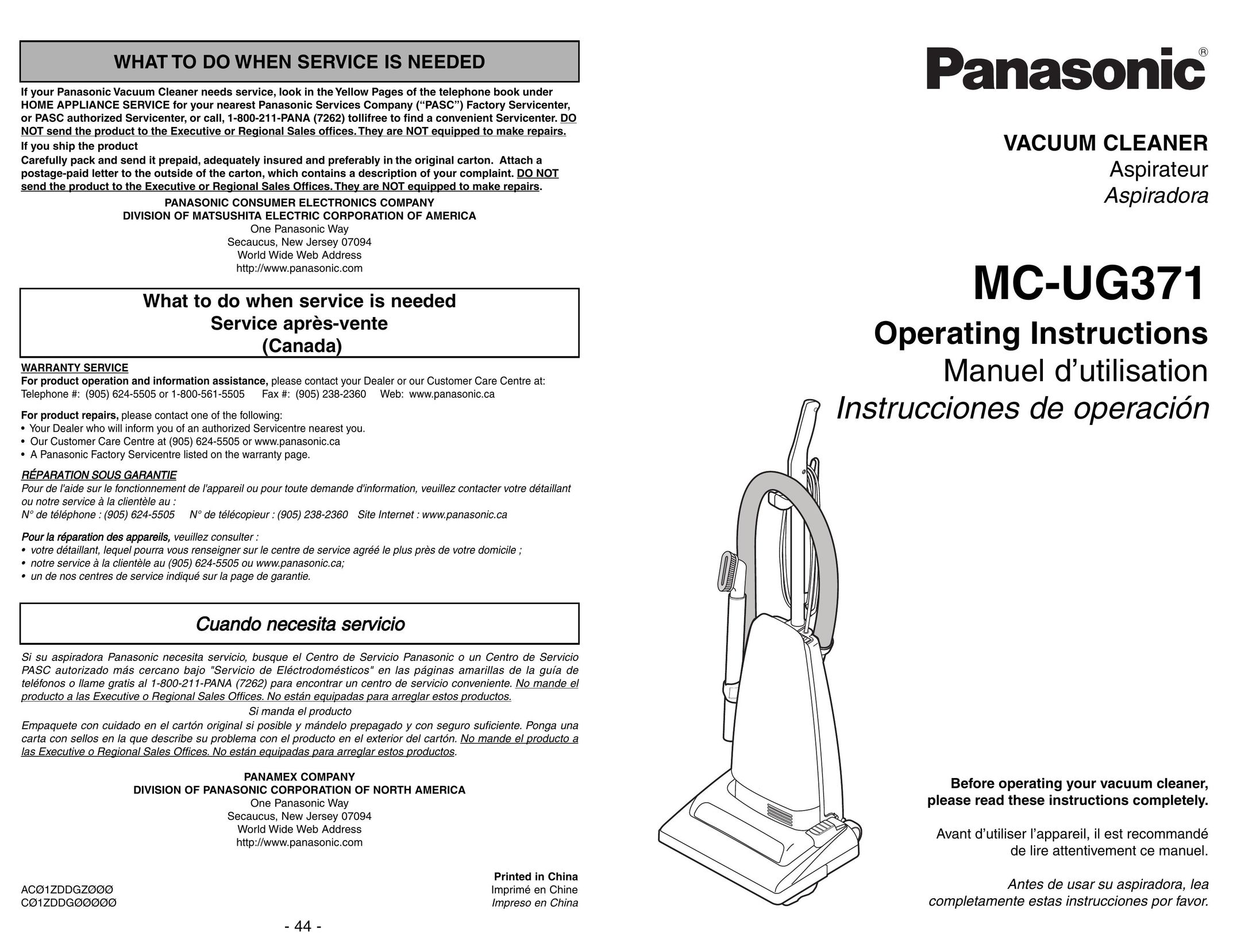 Panasonic MC-UG371 Vacuum Cleaner User Manual
