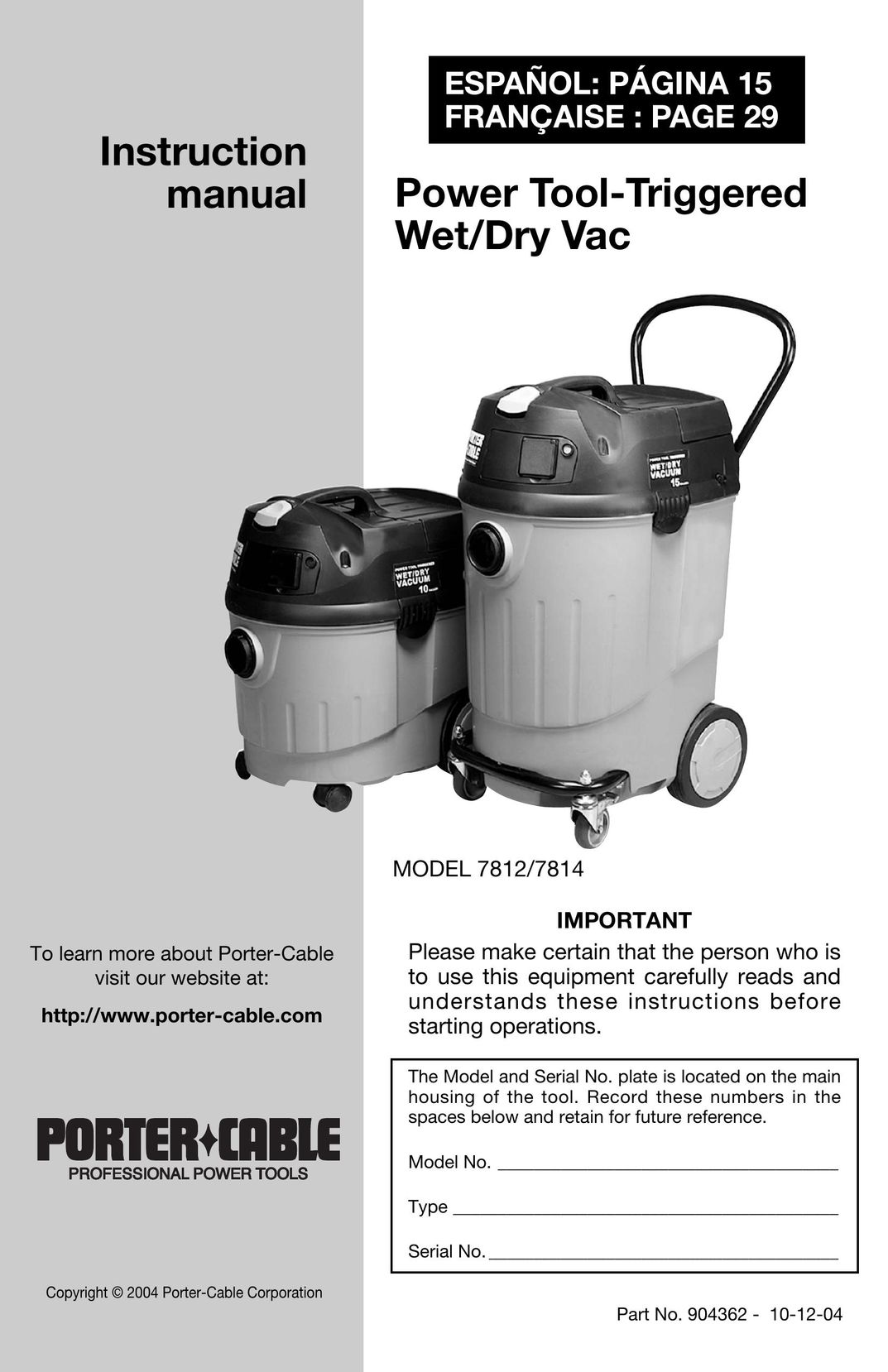 Porter-Cable 7814 Vacuum Cleaner User Manual