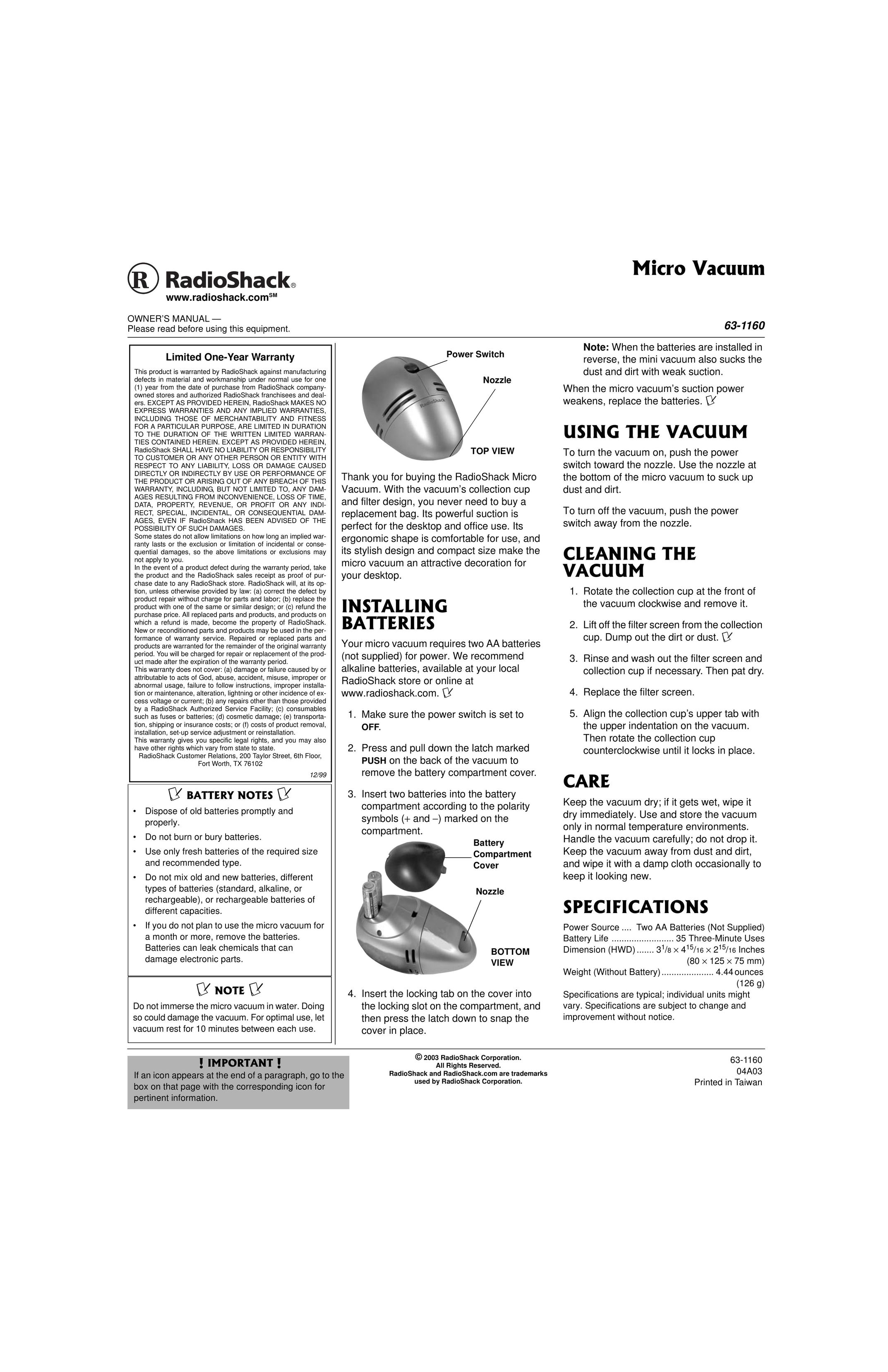 Radio Shack 63-1160 Vacuum Cleaner User Manual