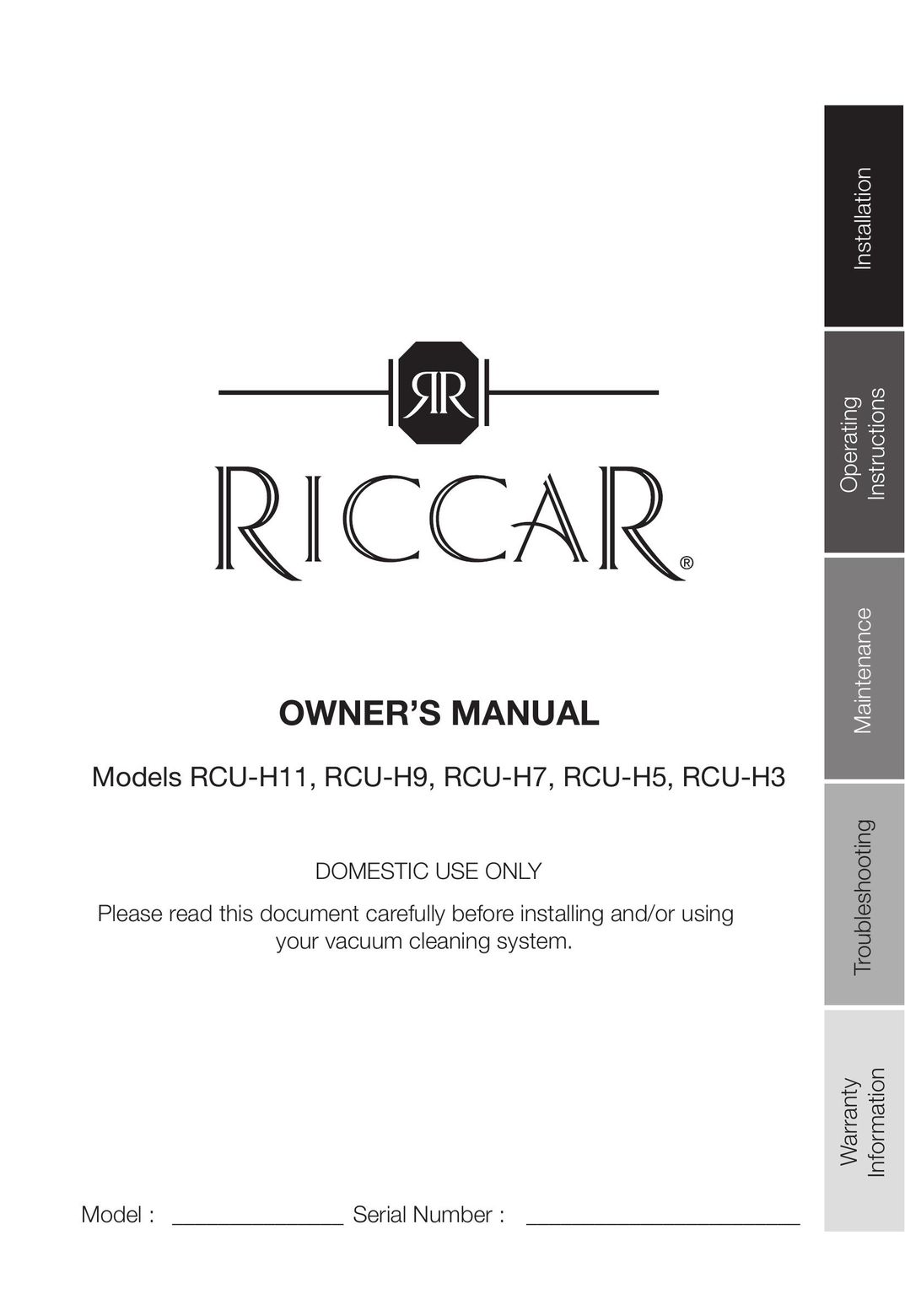 Riccar RCU-H9 Vacuum Cleaner User Manual