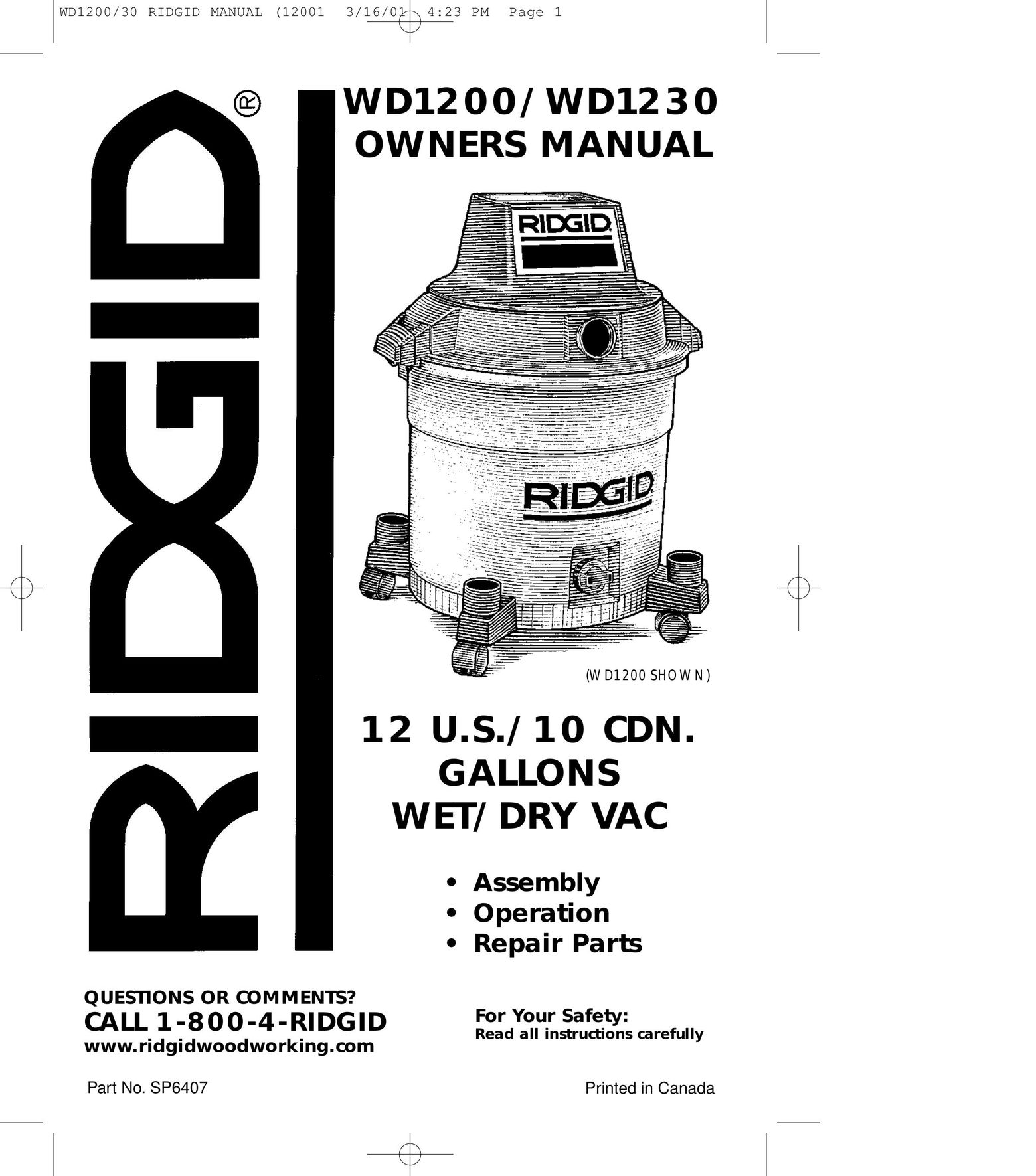 RIDGID WD1200 Vacuum Cleaner User Manual