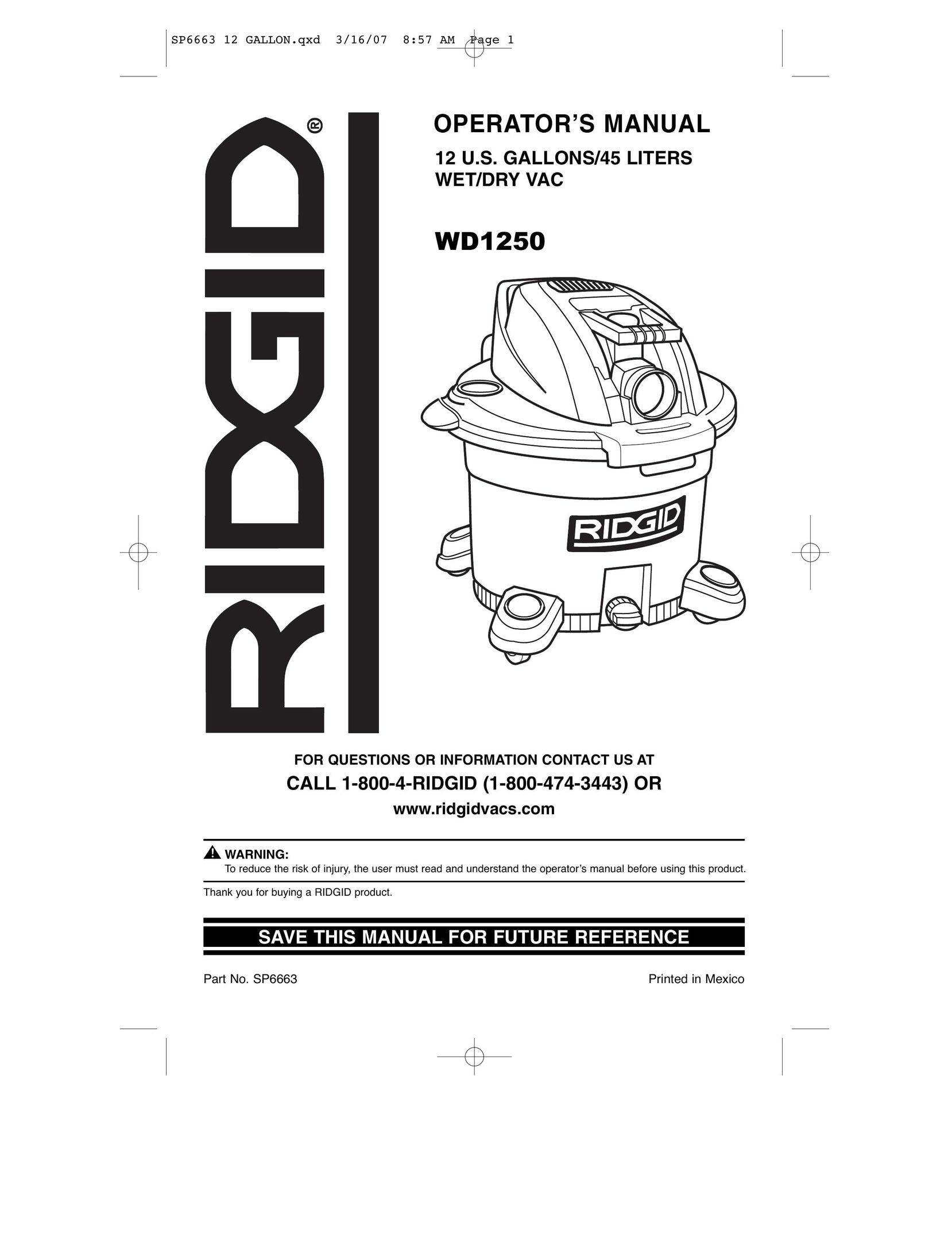 RIDGID WD1250 Vacuum Cleaner User Manual
