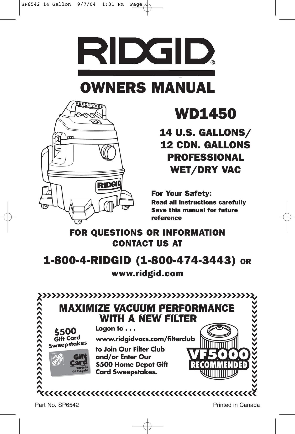RIDGID WD1450 Vacuum Cleaner User Manual