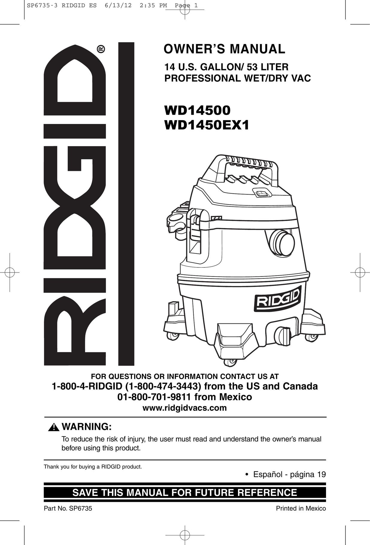 RIDGID WD14500 Vacuum Cleaner User Manual
