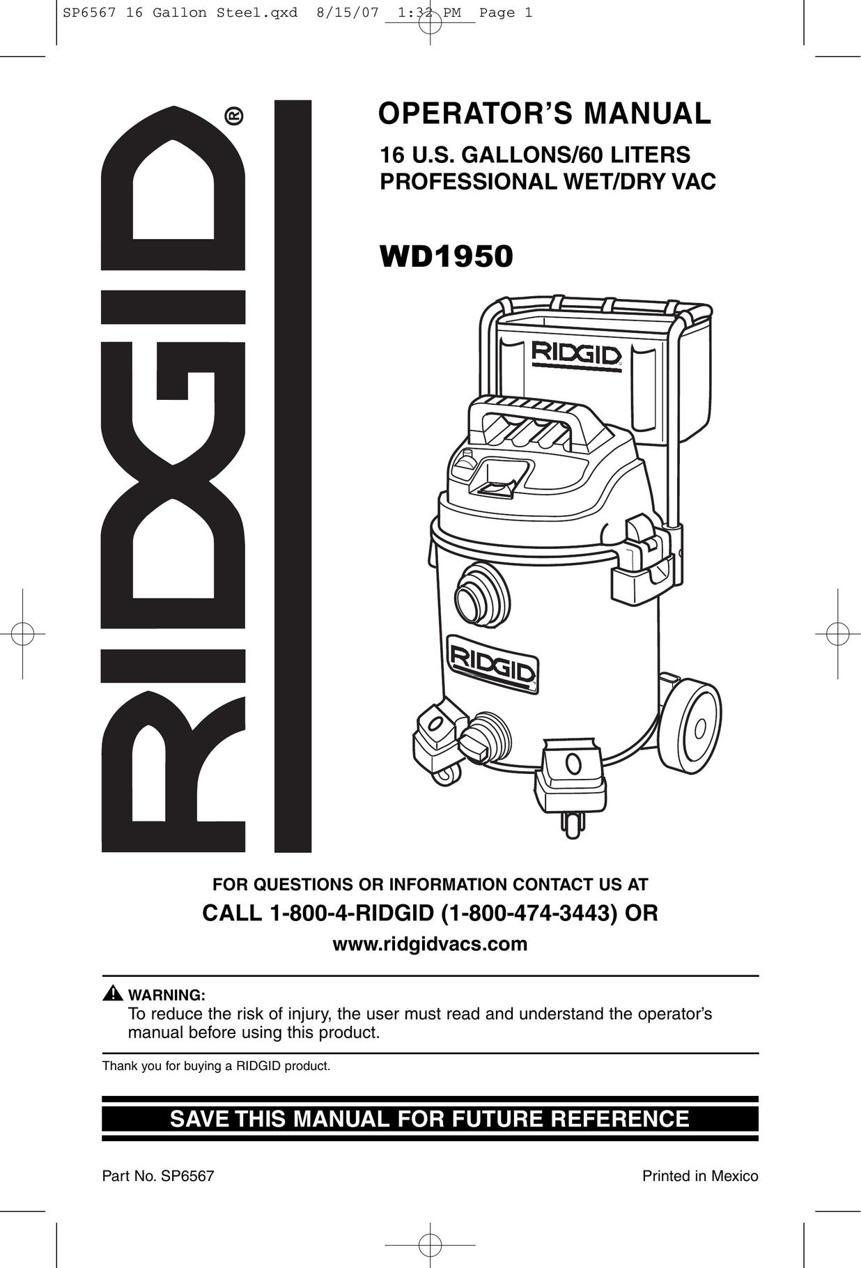 RIDGID WD1950 Vacuum Cleaner User Manual