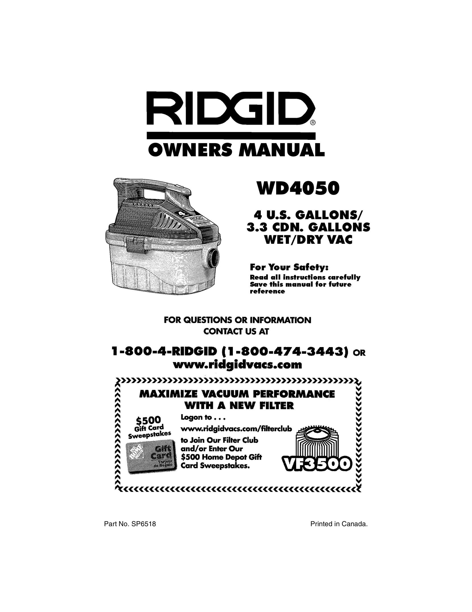 RIDGID WD4050 Vacuum Cleaner User Manual