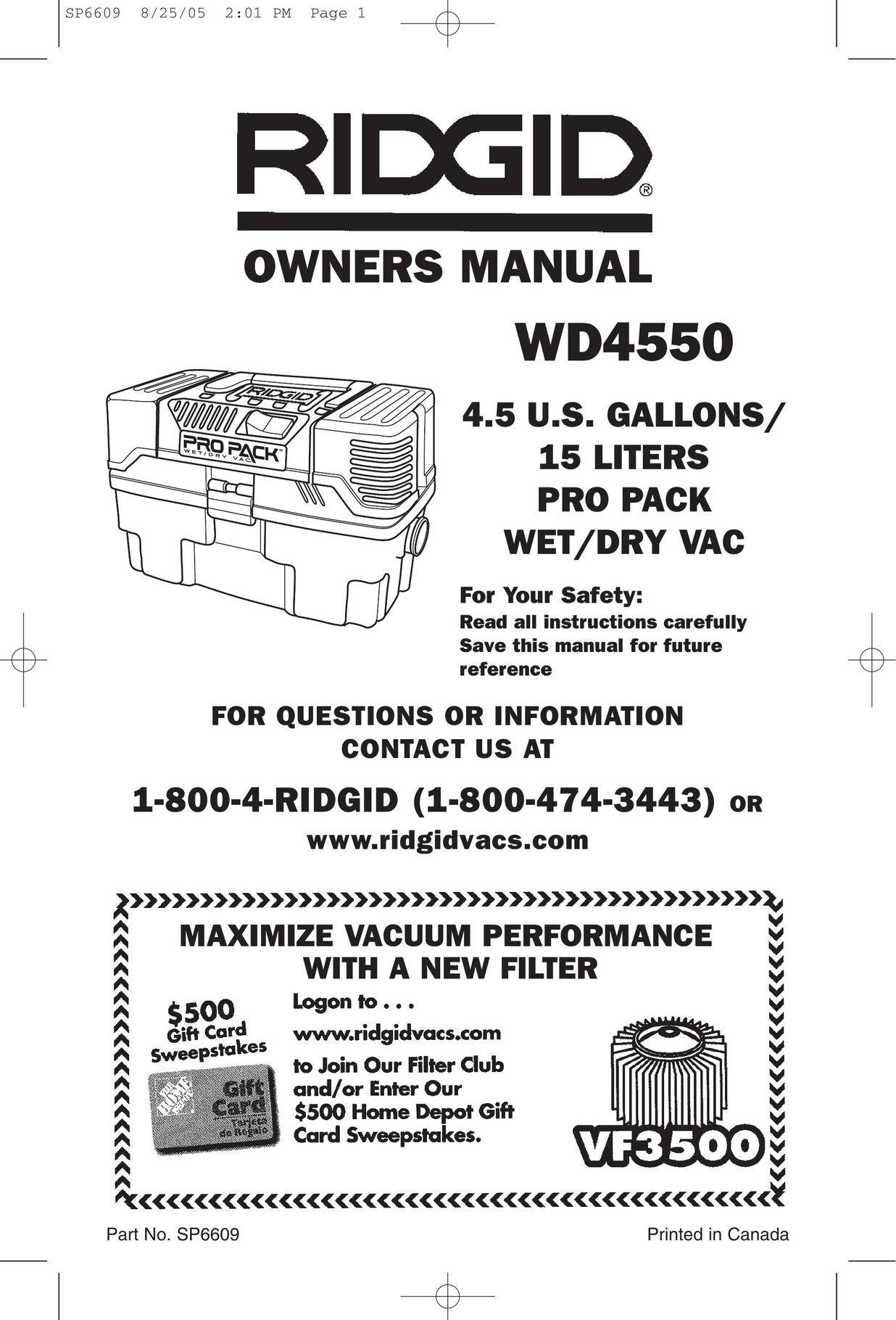 RIDGID WD4550 Vacuum Cleaner User Manual