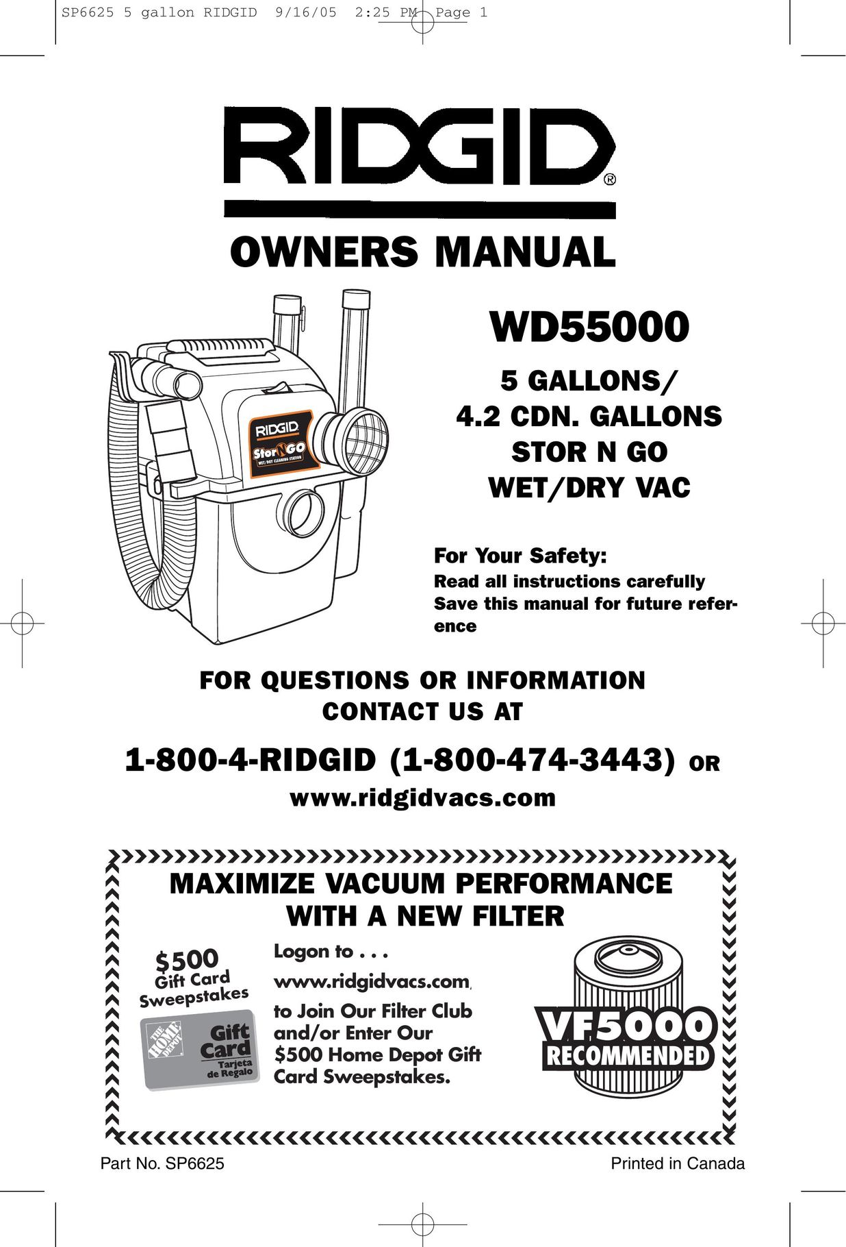 RIDGID WD55000 Vacuum Cleaner User Manual