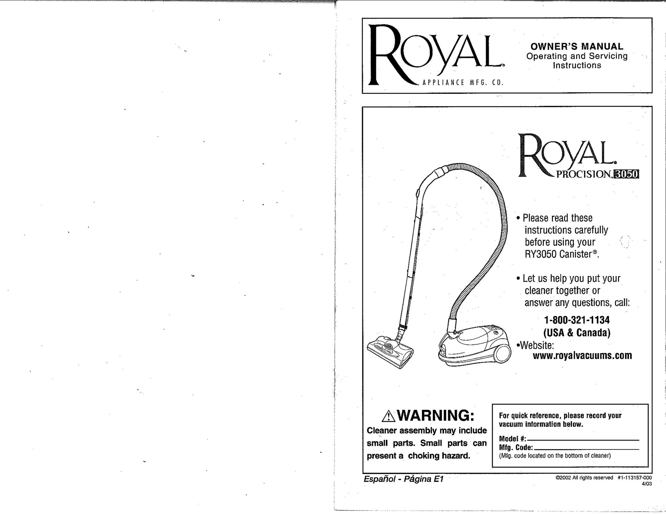 Royal Vacuums RY3050 Vacuum Cleaner User Manual