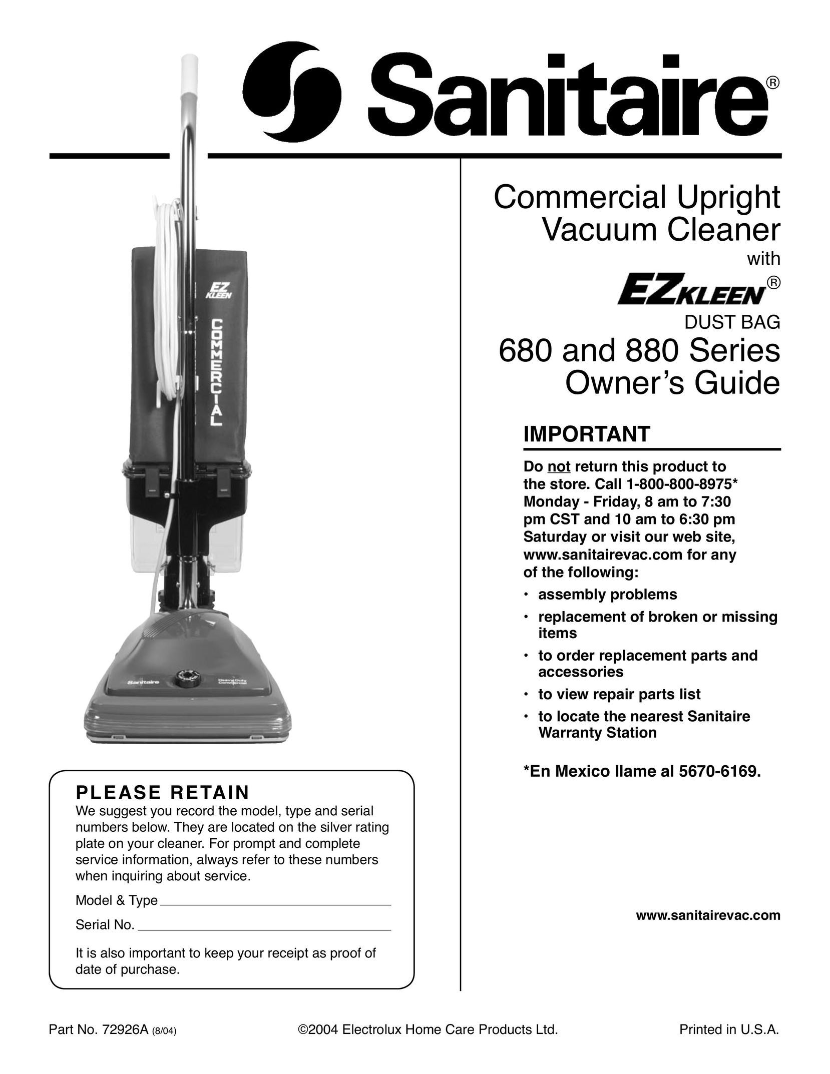 Sanitaire 880 Series Vacuum Cleaner User Manual