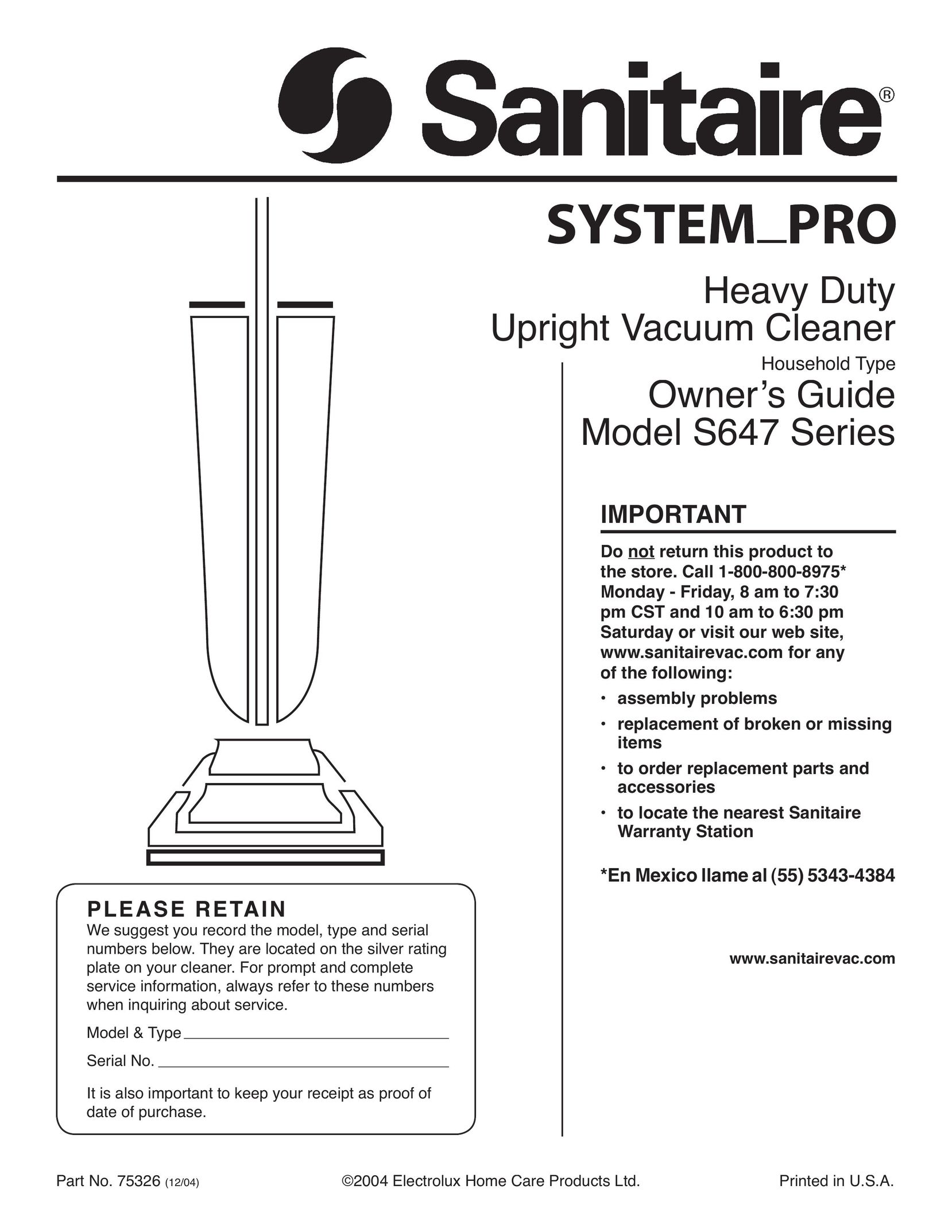 Sanitaire S647 Series Vacuum Cleaner User Manual