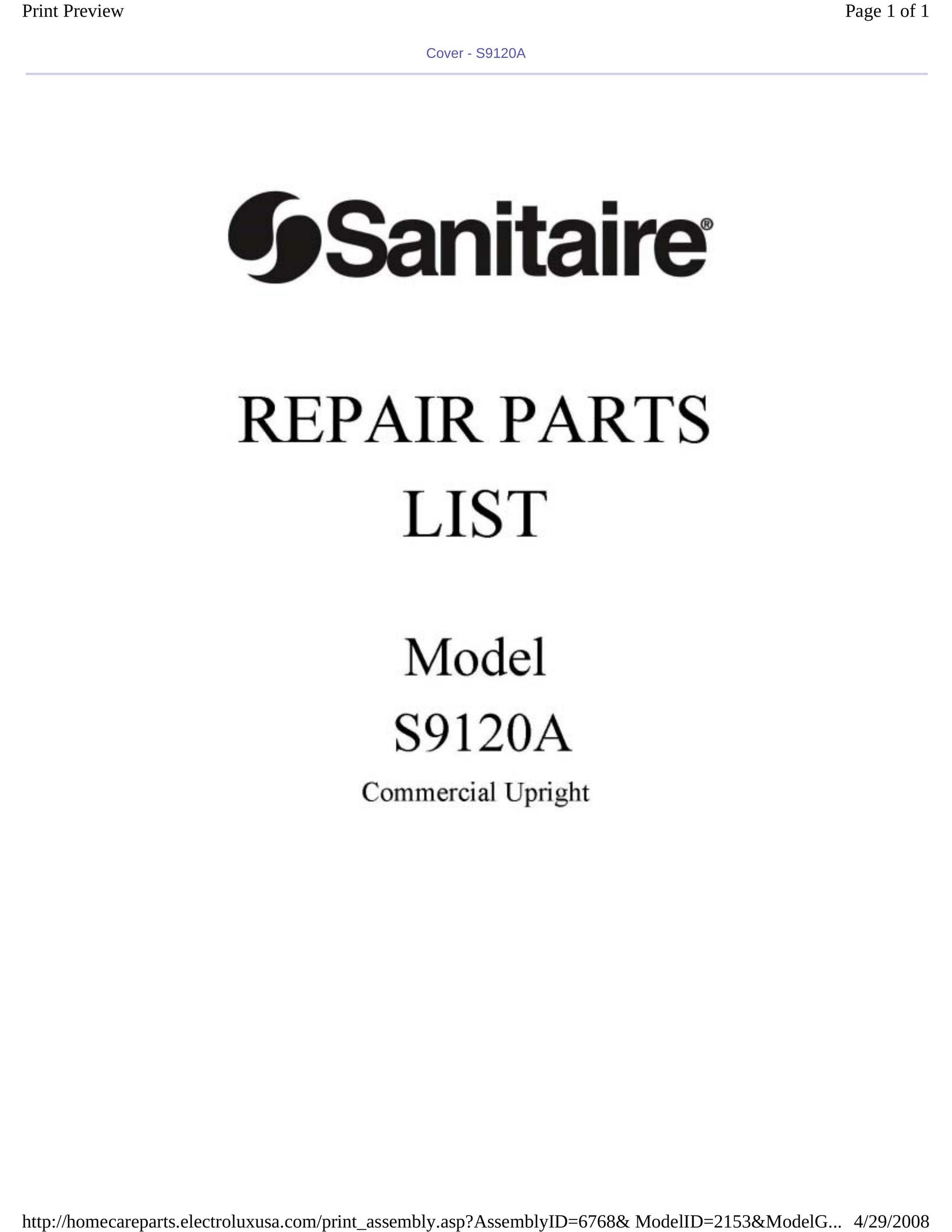 Sanitaire S9120A Vacuum Cleaner User Manual