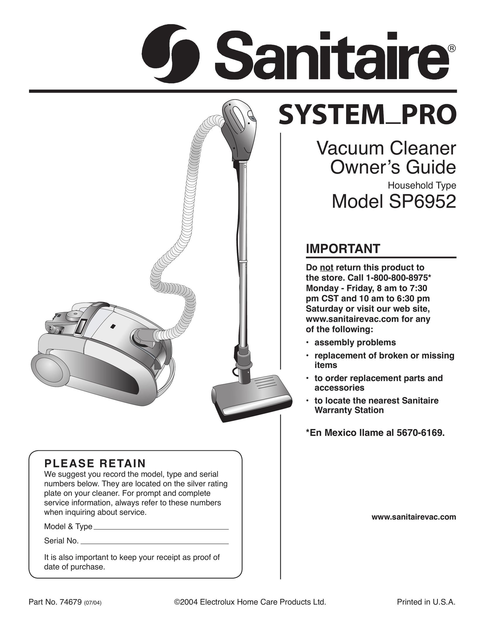 Sanitaire SP6952 Vacuum Cleaner User Manual