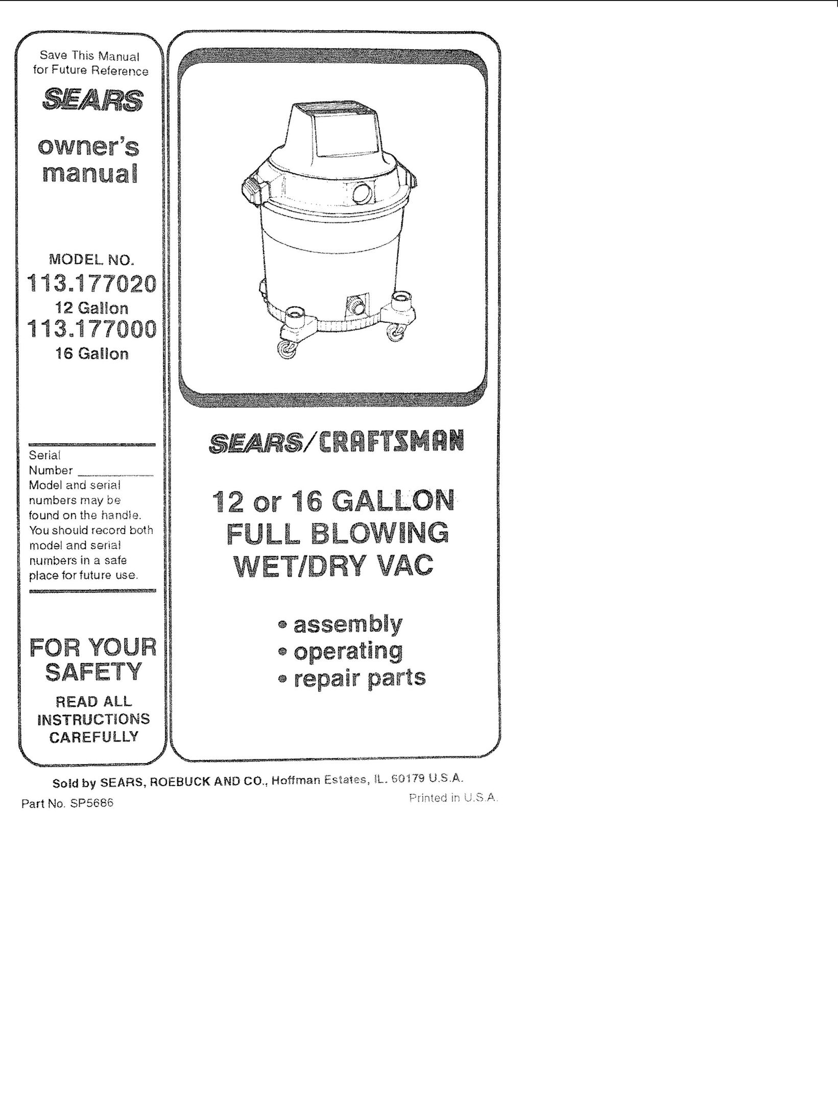 Sears 113.177020 Vacuum Cleaner User Manual