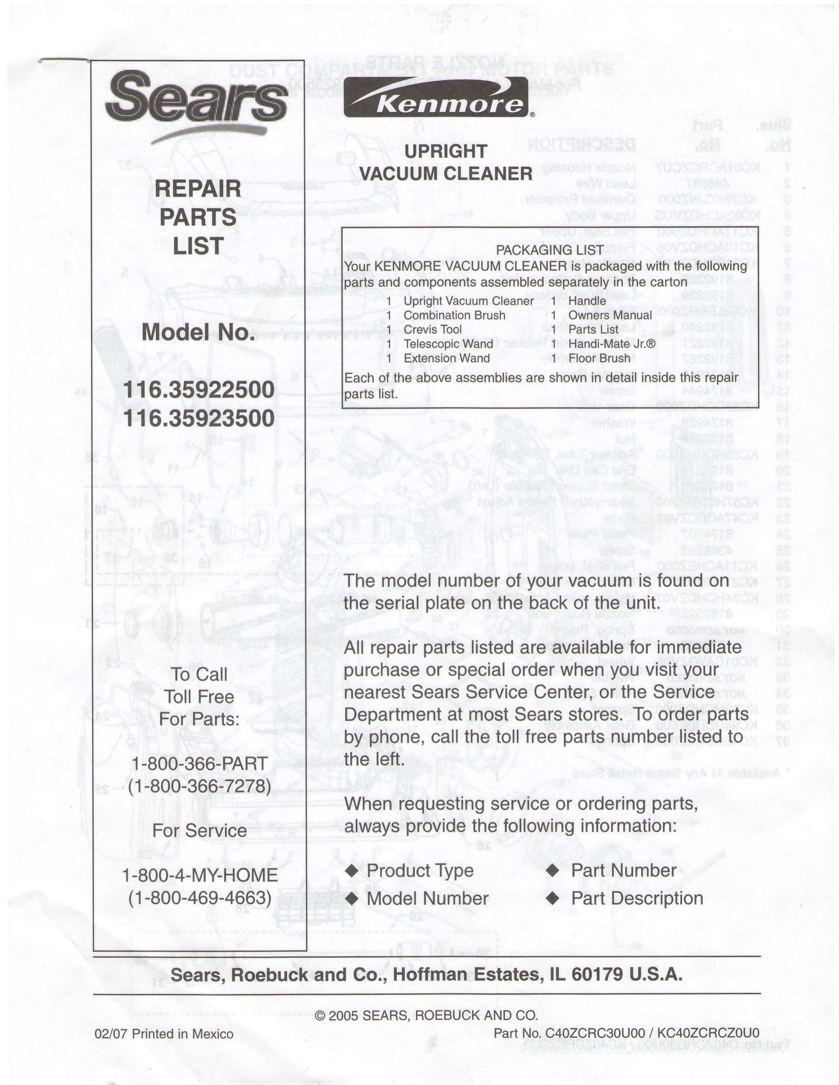 Sears 116.35923500 Vacuum Cleaner User Manual