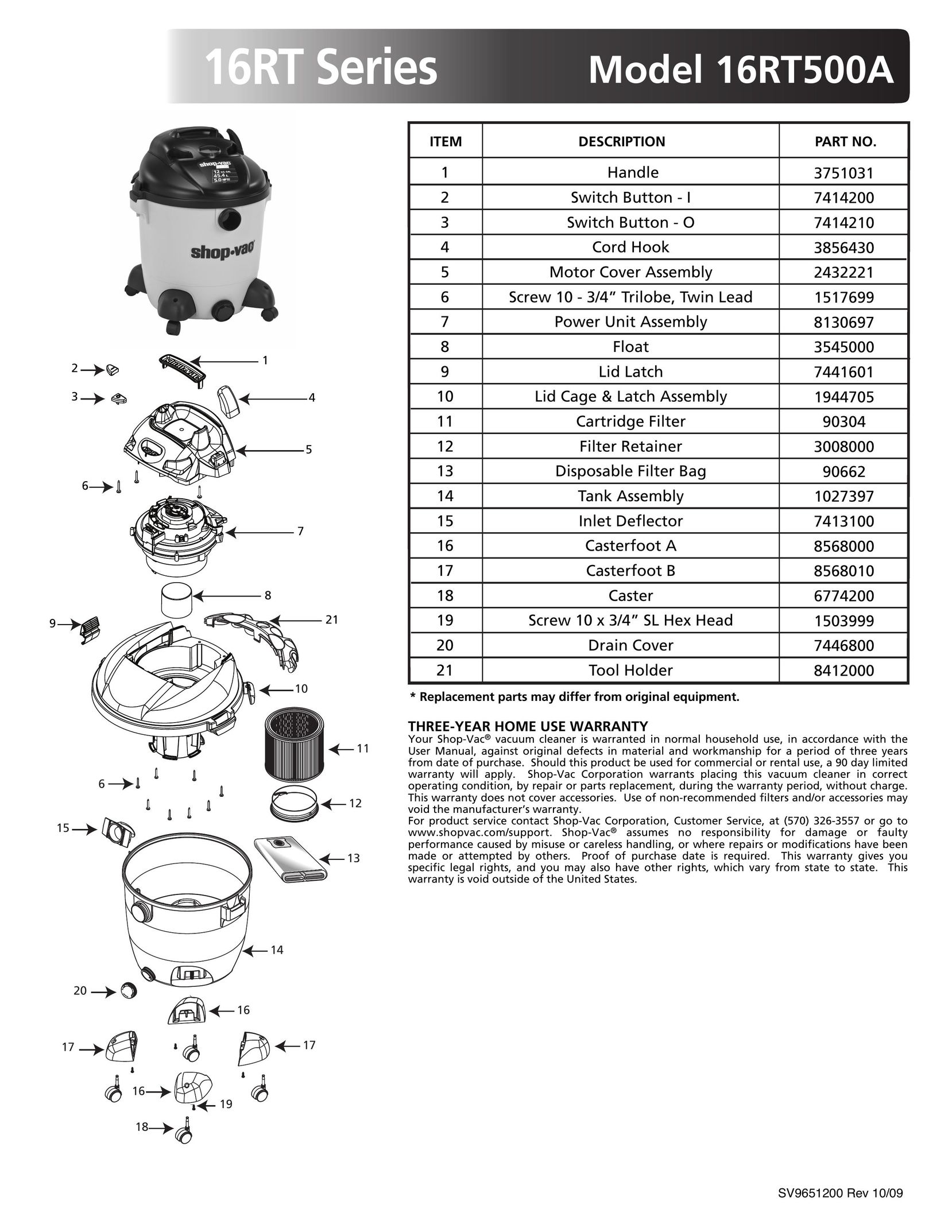 Shop-Vac 16RT500A Vacuum Cleaner User Manual