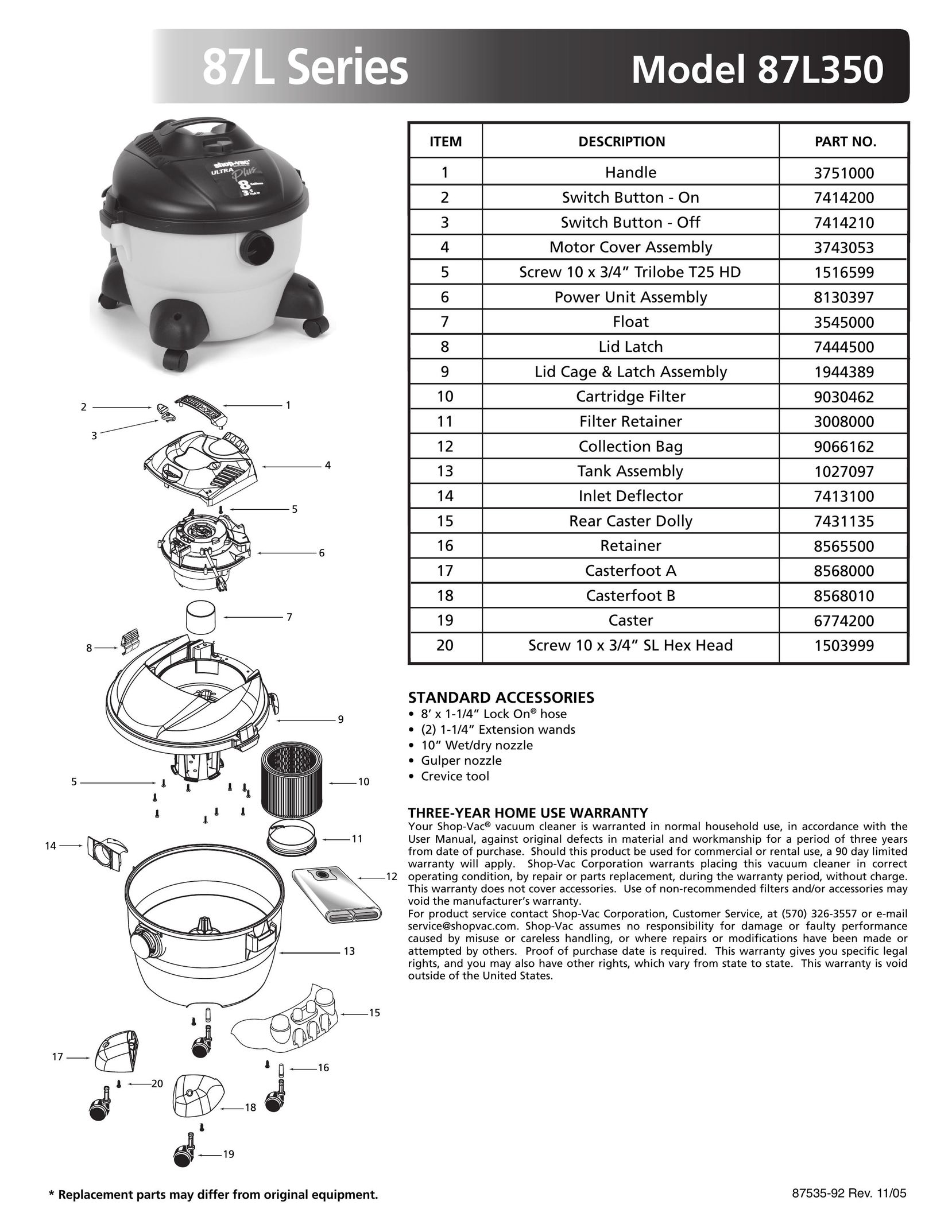 Shop-Vac 87L350 Vacuum Cleaner User Manual