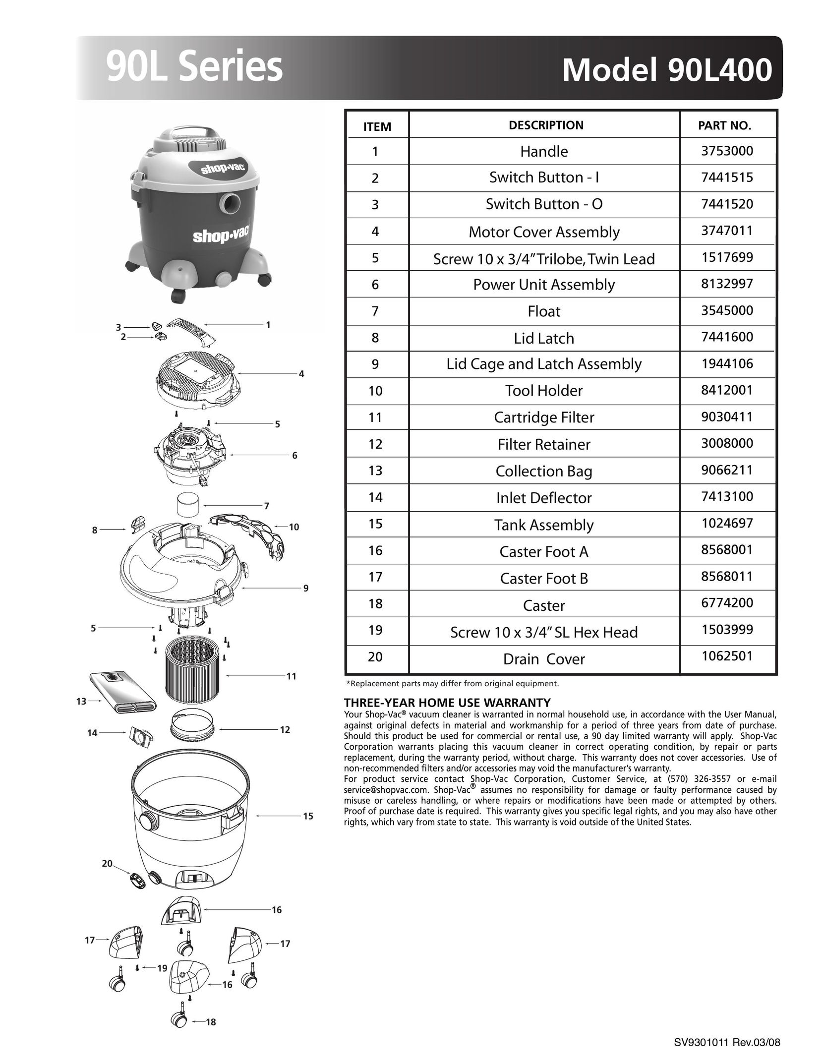 Shop-Vac 90L400 Vacuum Cleaner User Manual