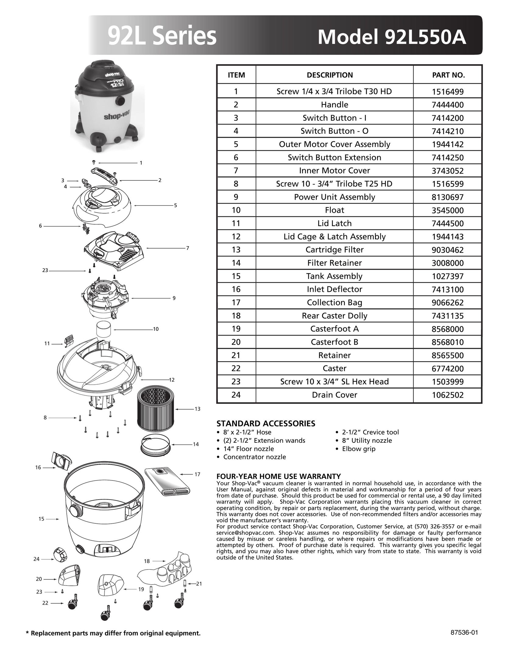 Shop-Vac 92L550A Vacuum Cleaner User Manual