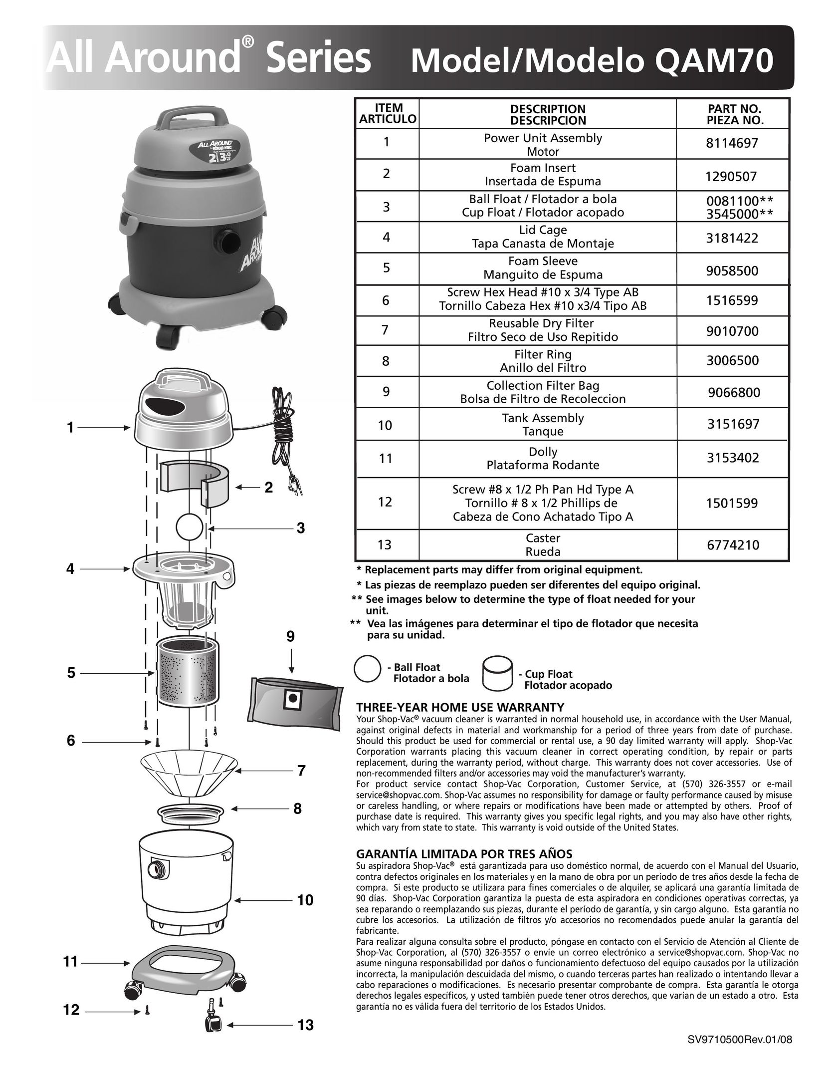 Shop-Vac QAM70 Vacuum Cleaner User Manual