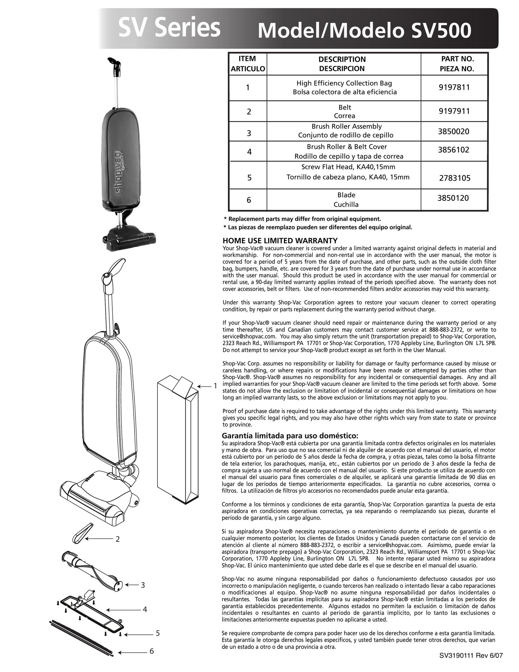 Shop-Vac SV500 Vacuum Cleaner User Manual