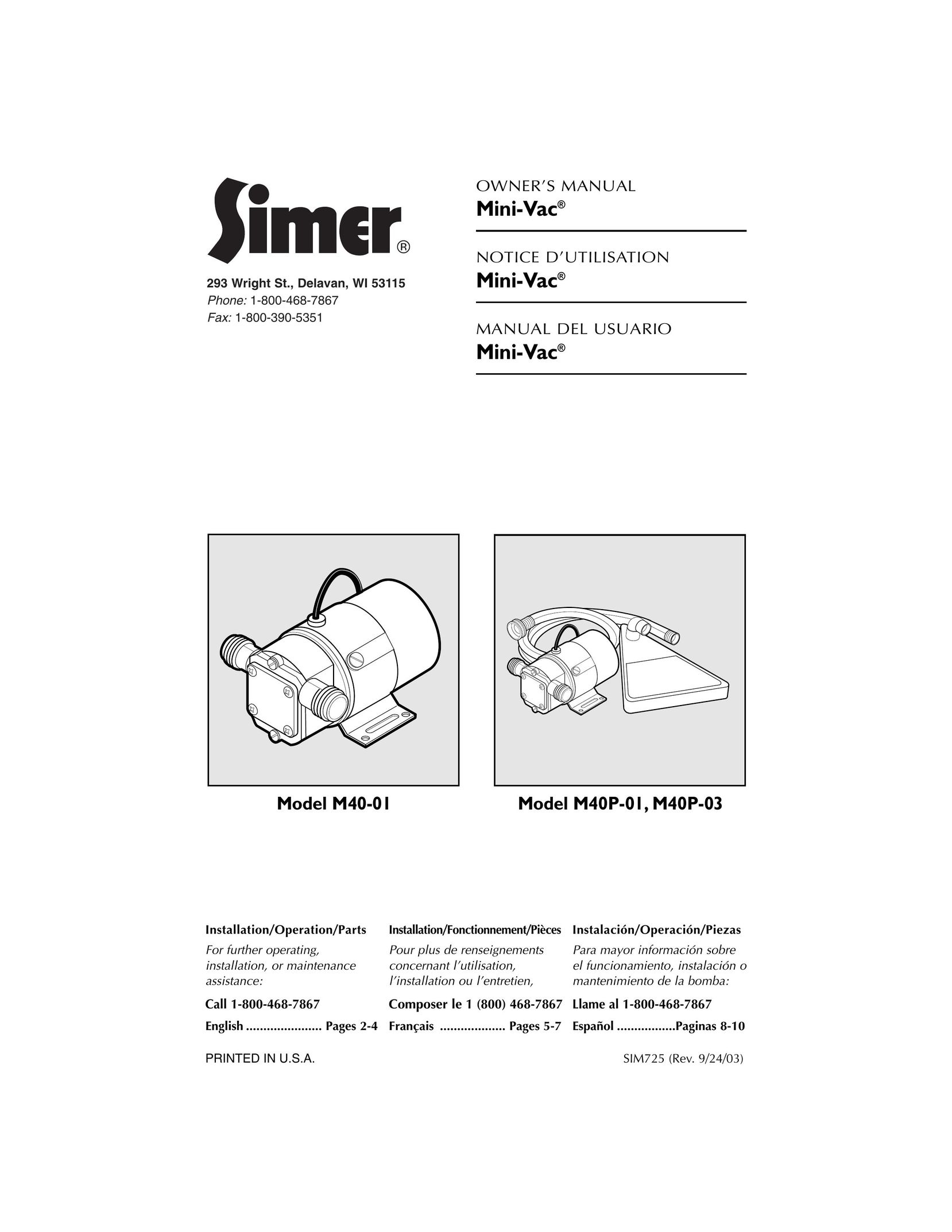 Simer Pumps M40P-01 Vacuum Cleaner User Manual
