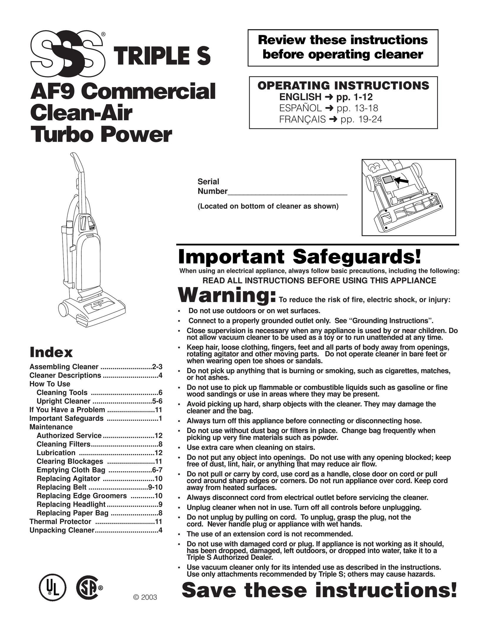 SSS AF9 Vacuum Cleaner User Manual