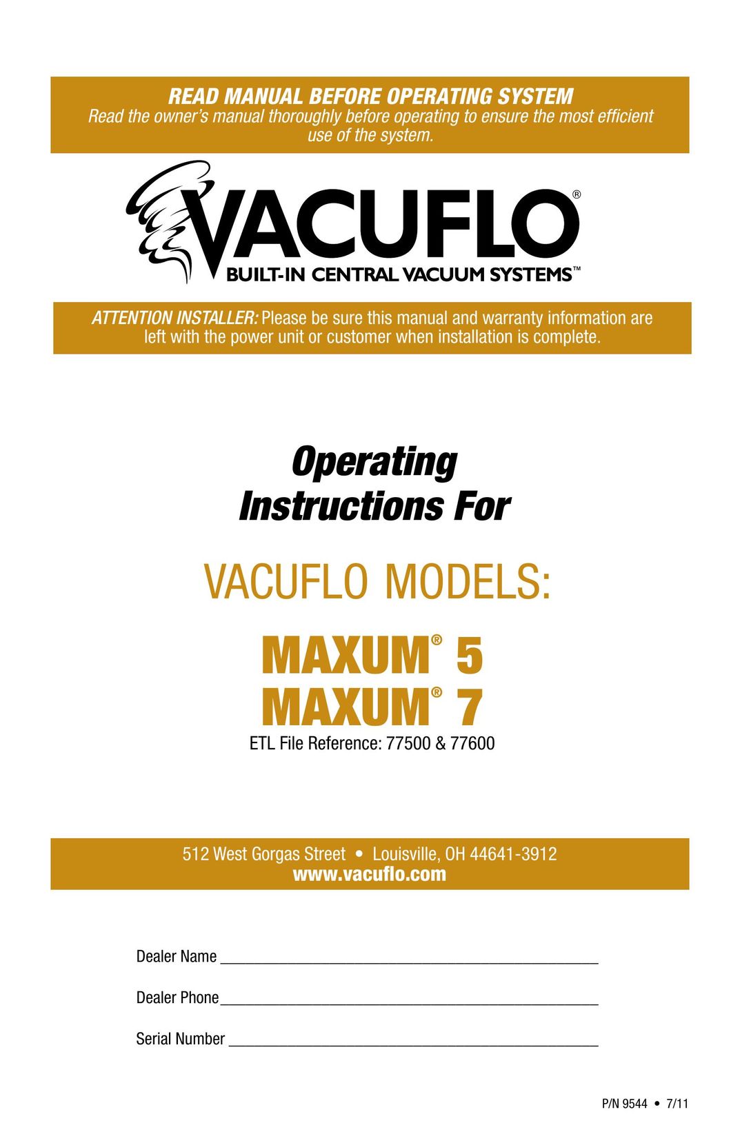 Vacuflo MAXUM 5 Vacuum Cleaner User Manual