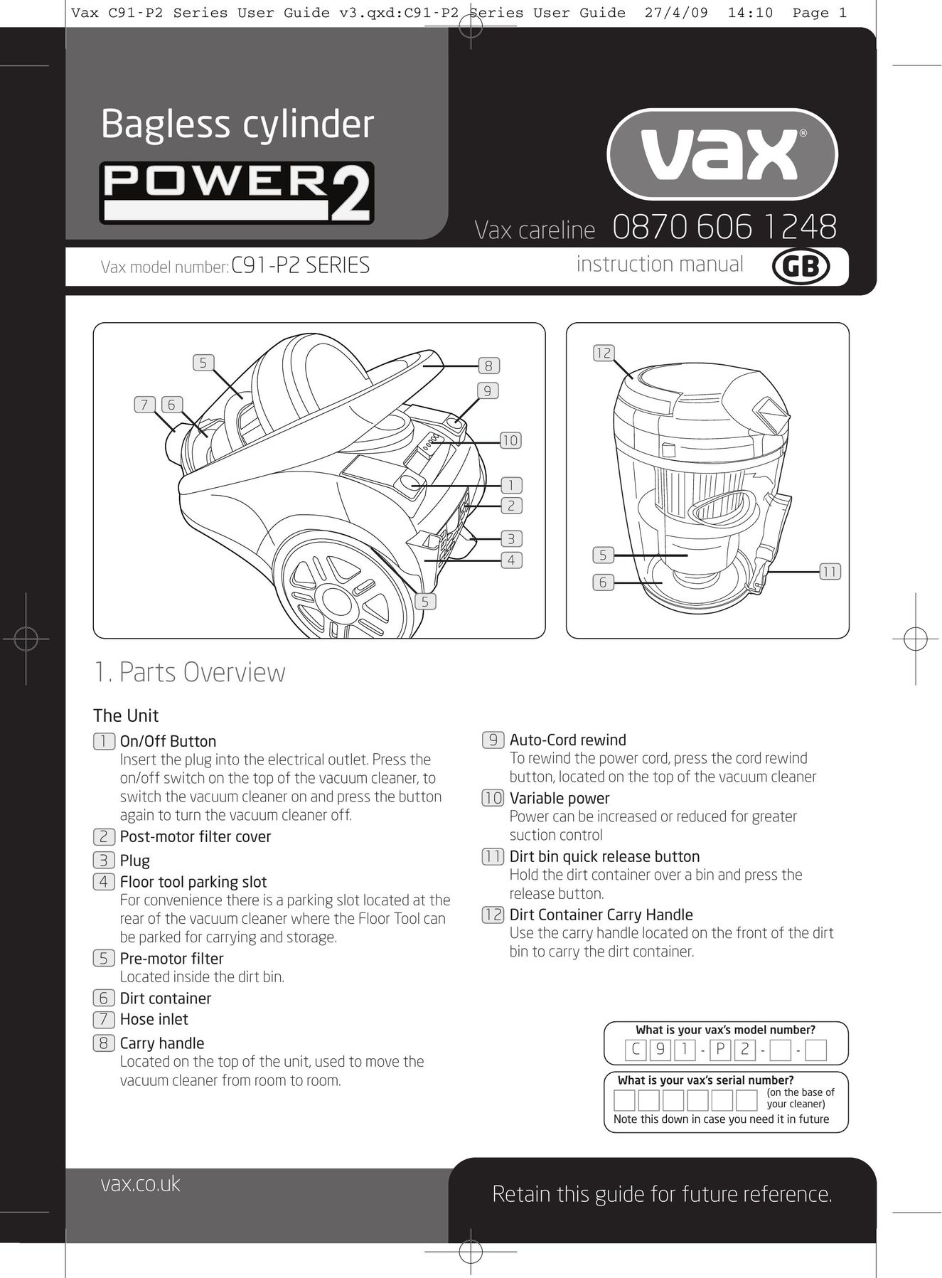 Vax C91-P2 Vacuum Cleaner User Manual