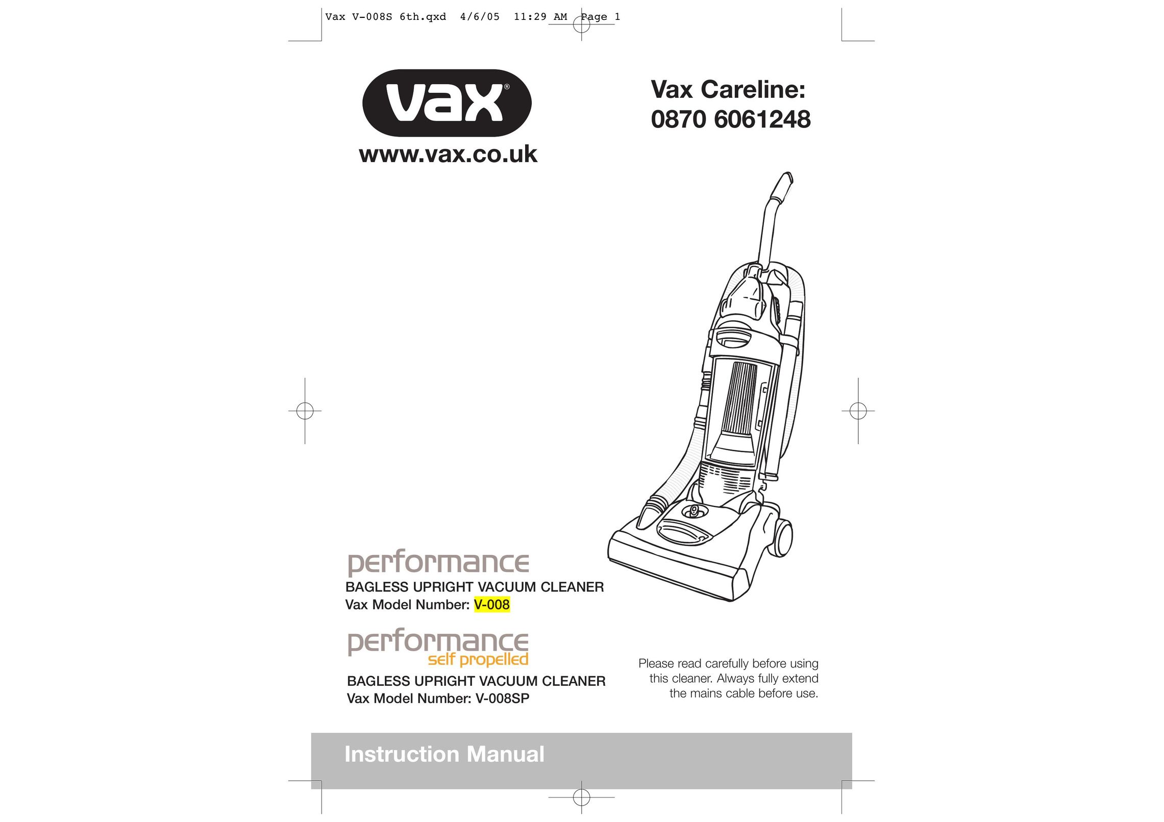 Vax V-008 Vacuum Cleaner User Manual