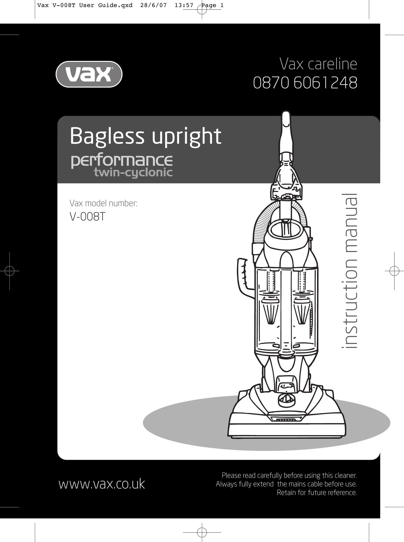 Vax V-008T Vacuum Cleaner User Manual