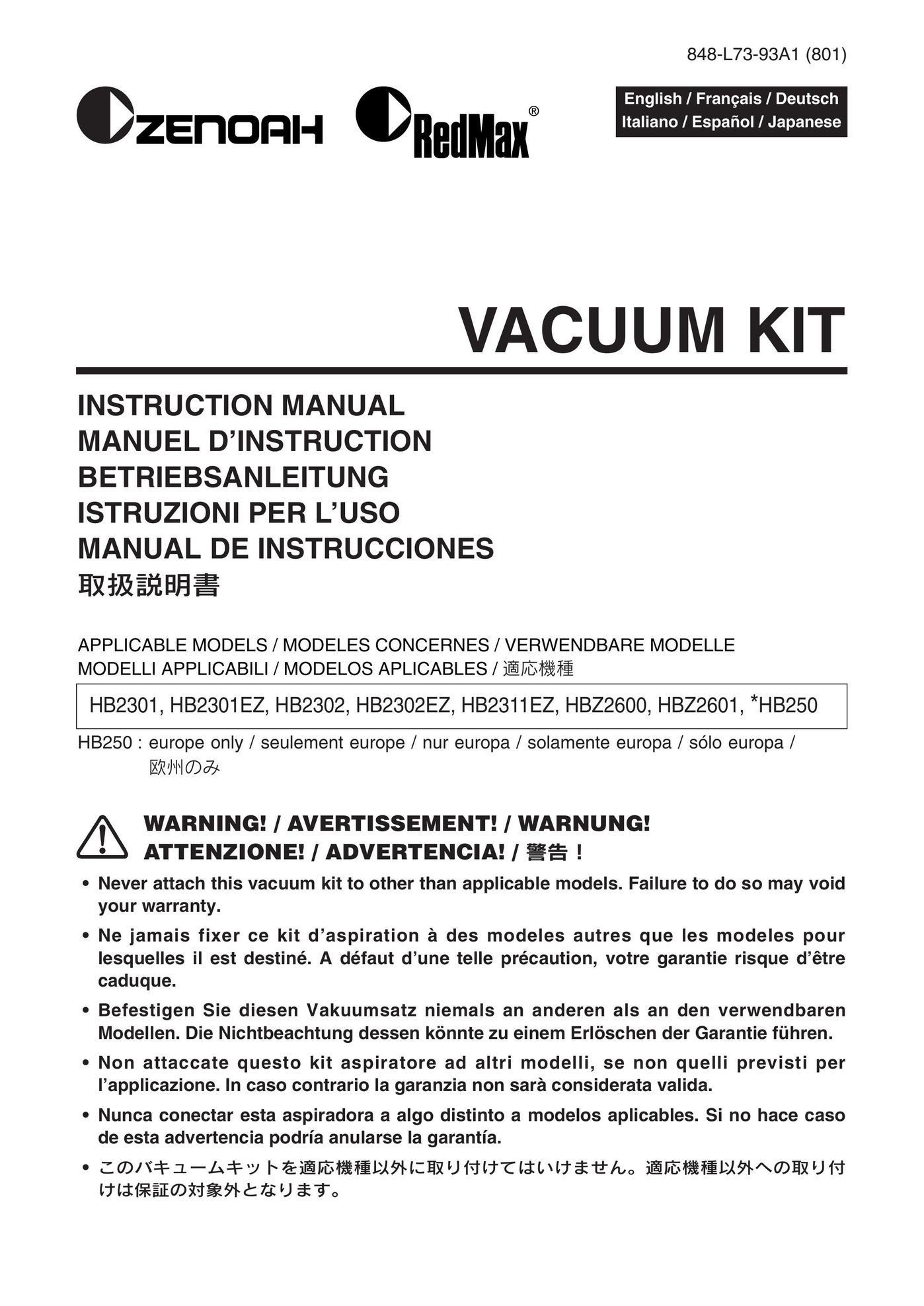 Zenoah HB2301 Vacuum Cleaner User Manual