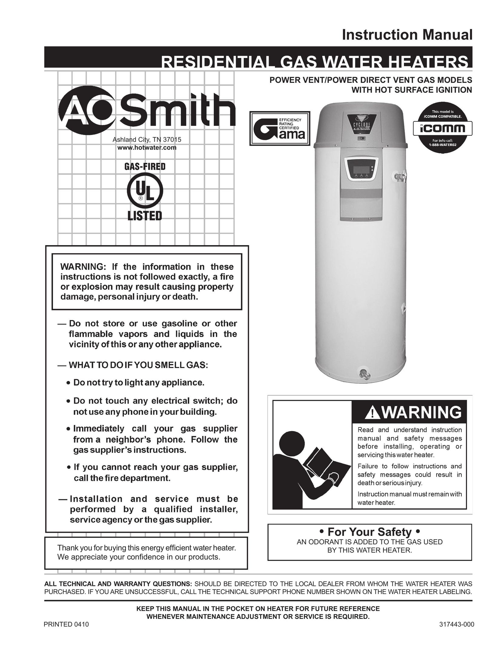 A.O. Smith 100 Power Vent DV Series 120 Water Heater User Manual