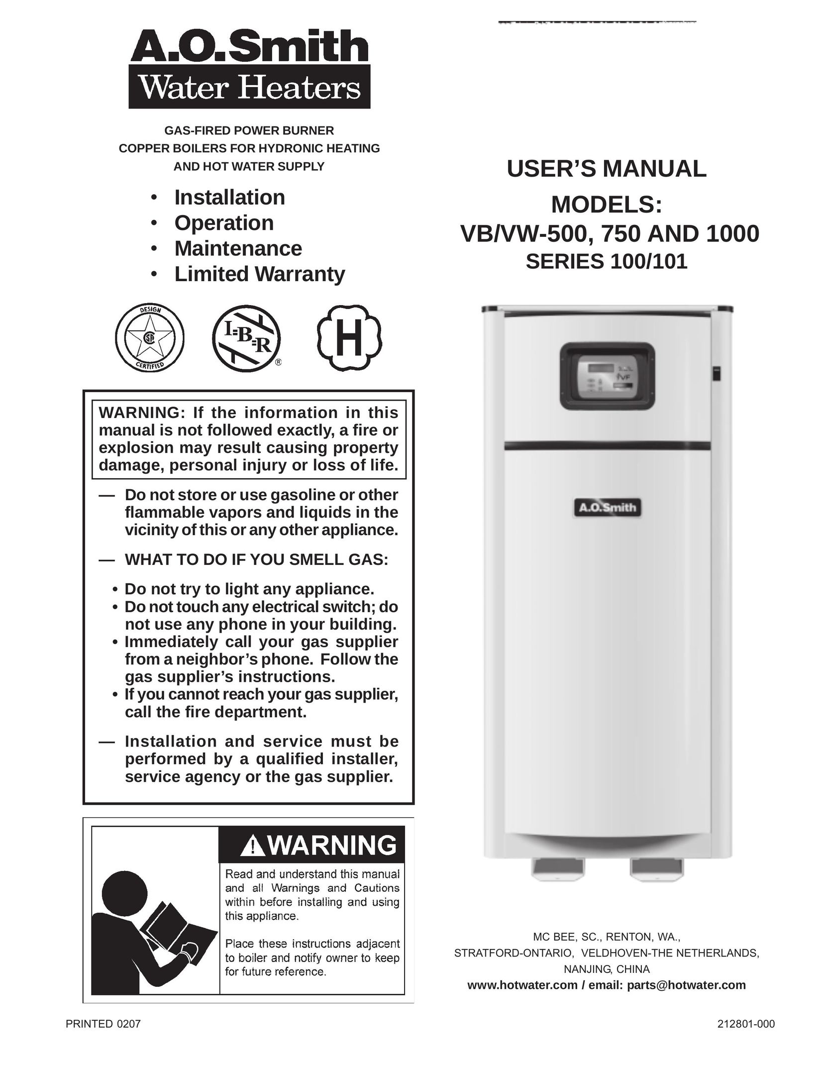 A.O. Smith 1000 SERIES 100 Water Heater User Manual