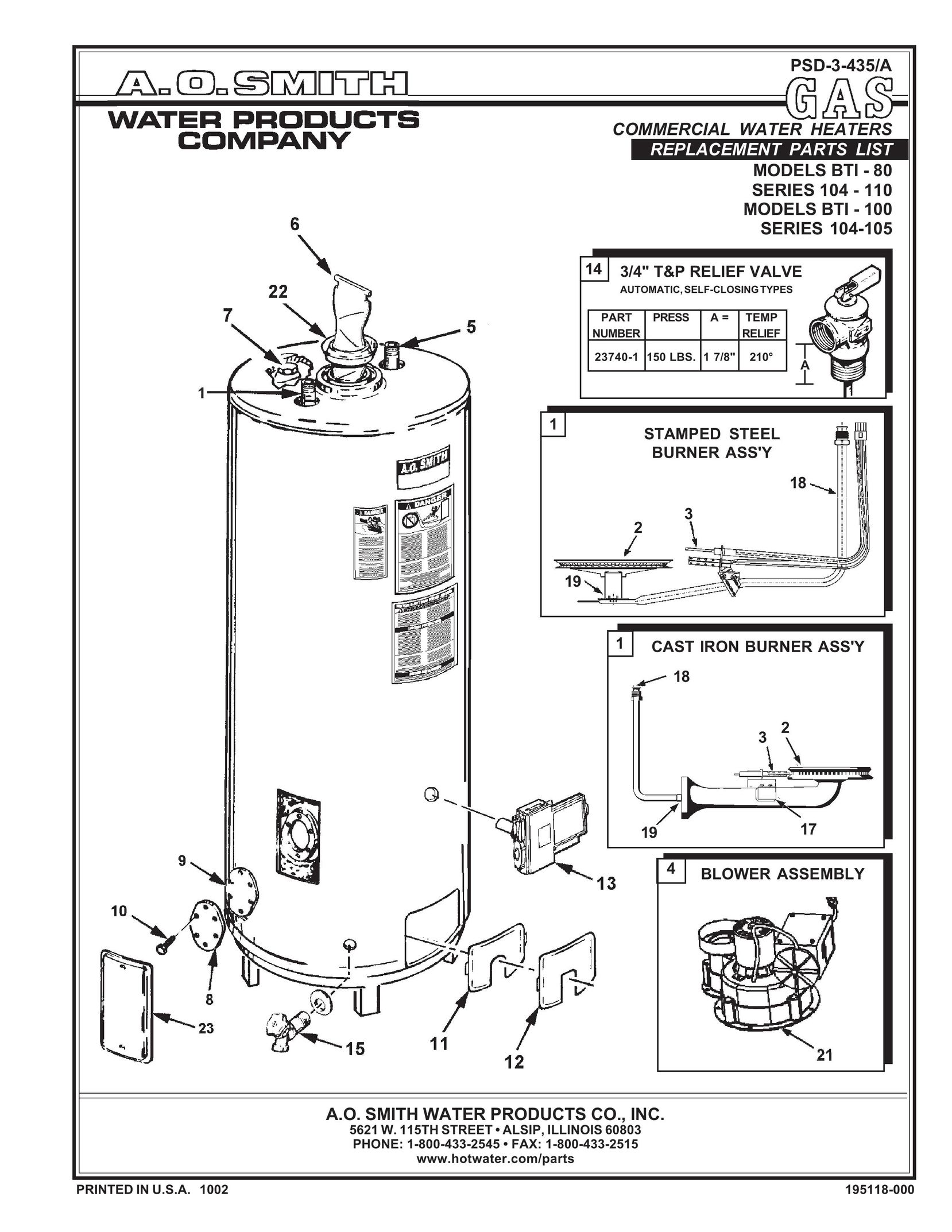 A.O. Smith 104 - 110 Water Heater User Manual