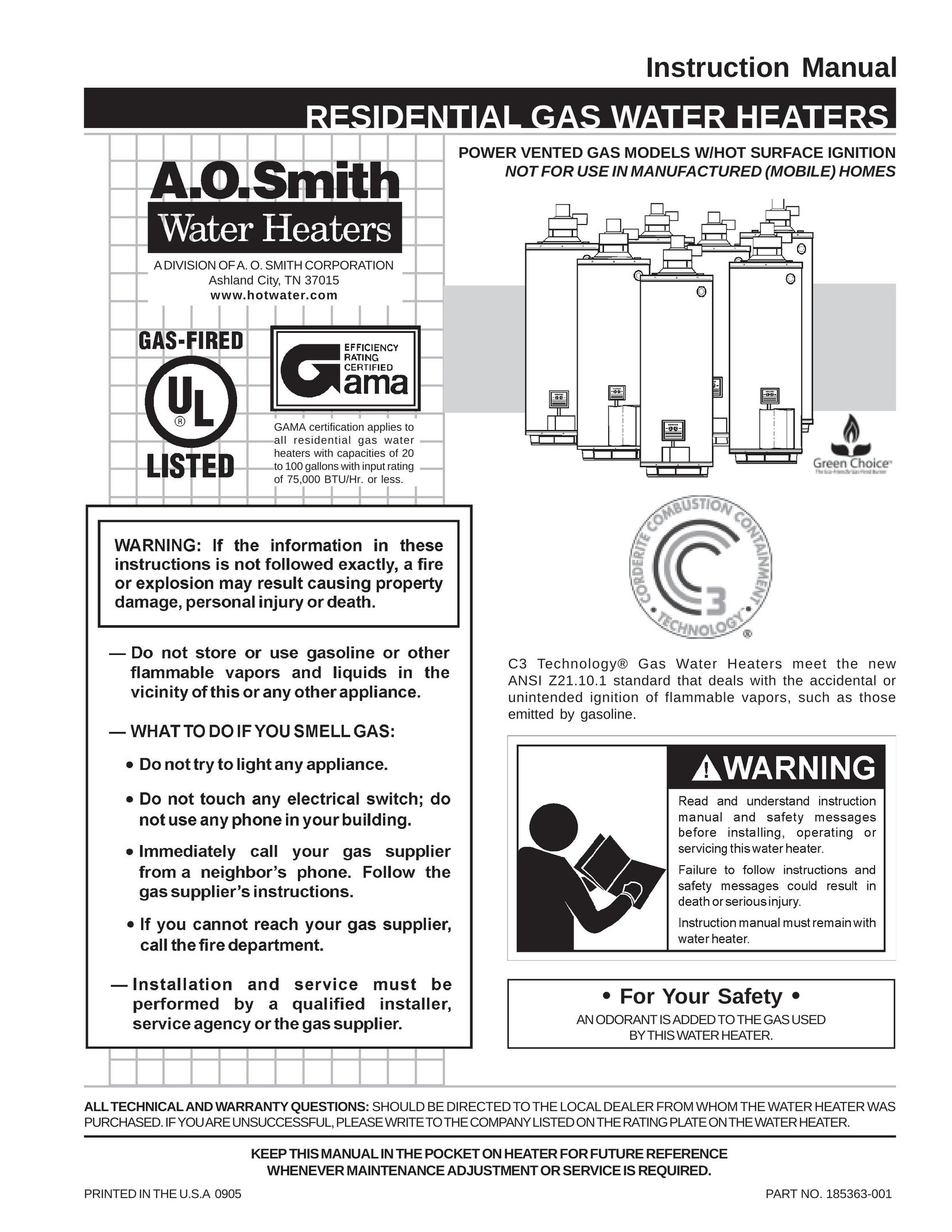 A.O. Smith 185363-001 Water Heater User Manual