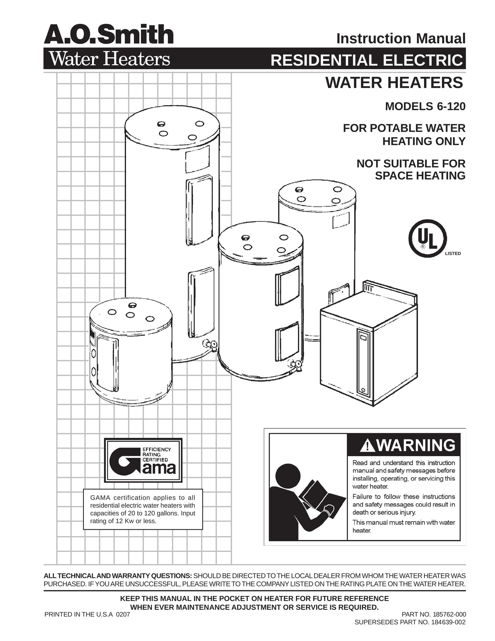 A.O. Smith 185762-000 Water Heater User Manual