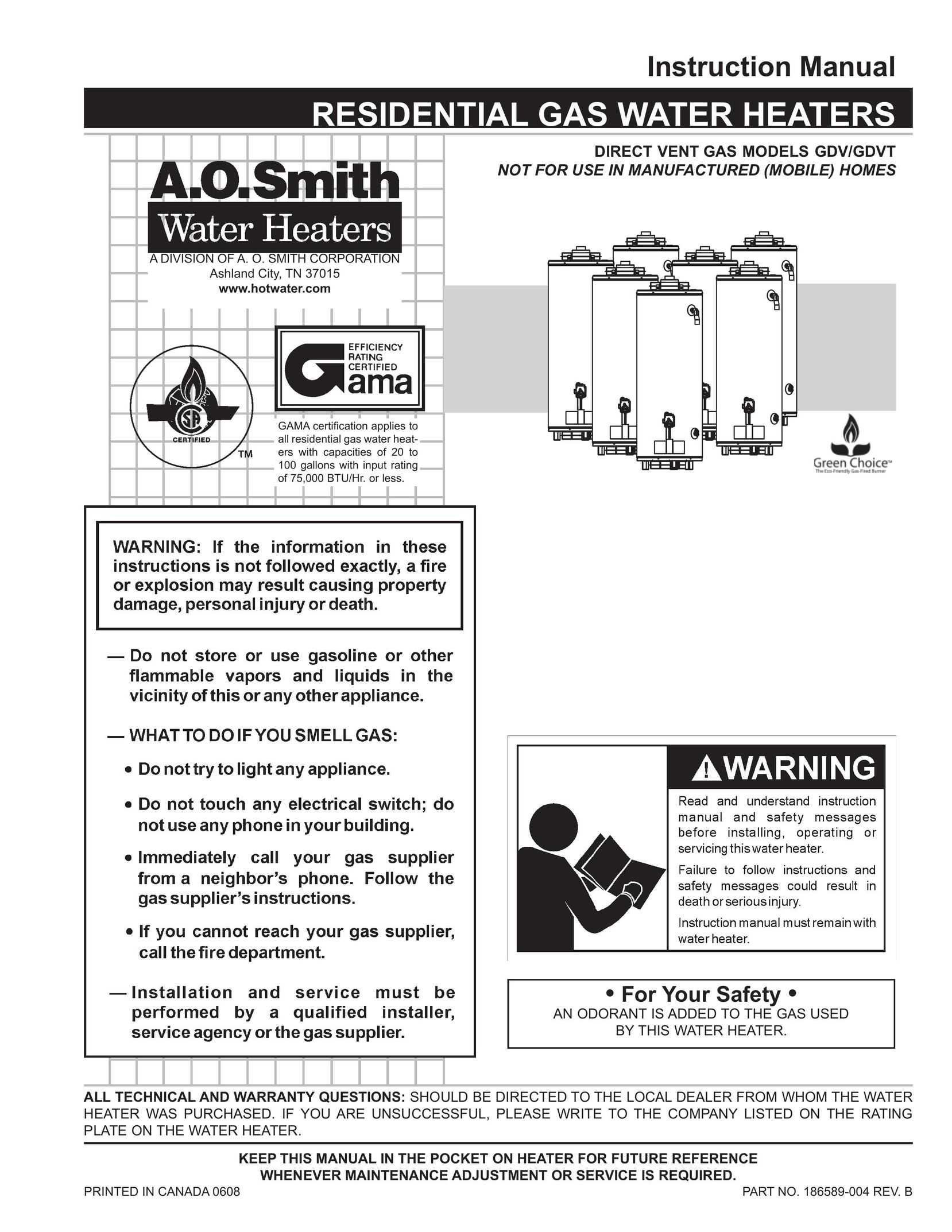 A.O. Smith 186589-004 Water Heater User Manual