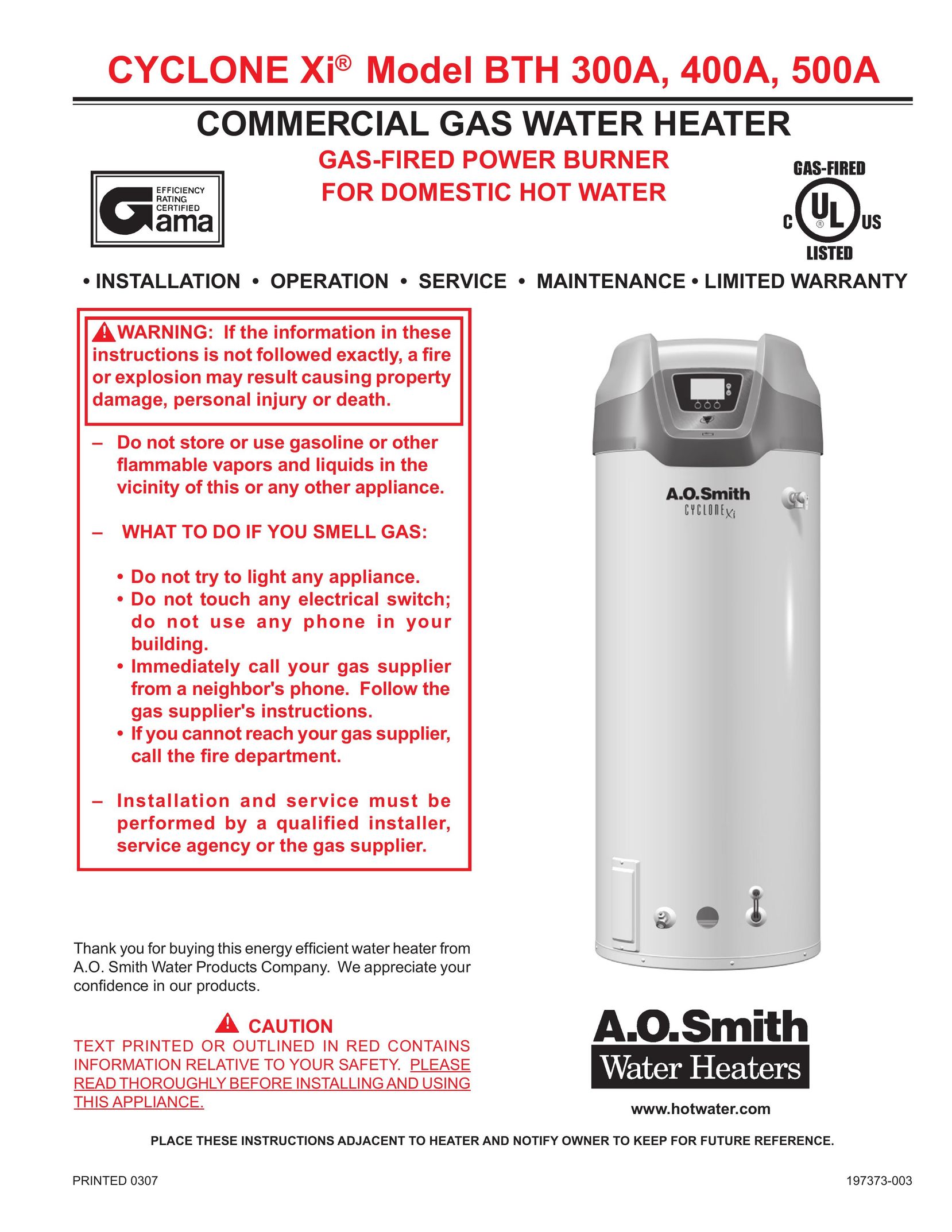 A.O. Smith 300A Water Heater User Manual