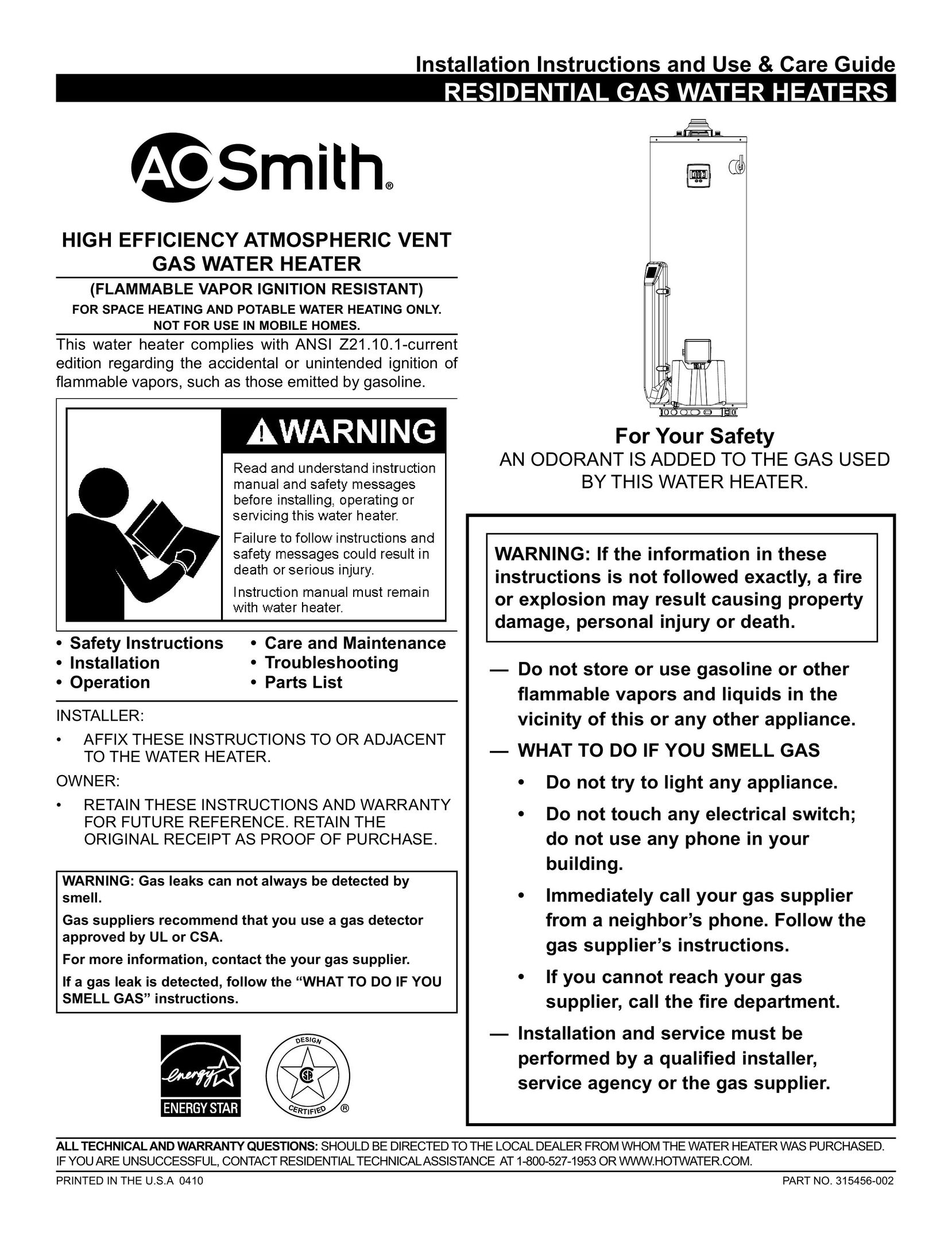 A.O. Smith 315456-002 Water Heater User Manual
