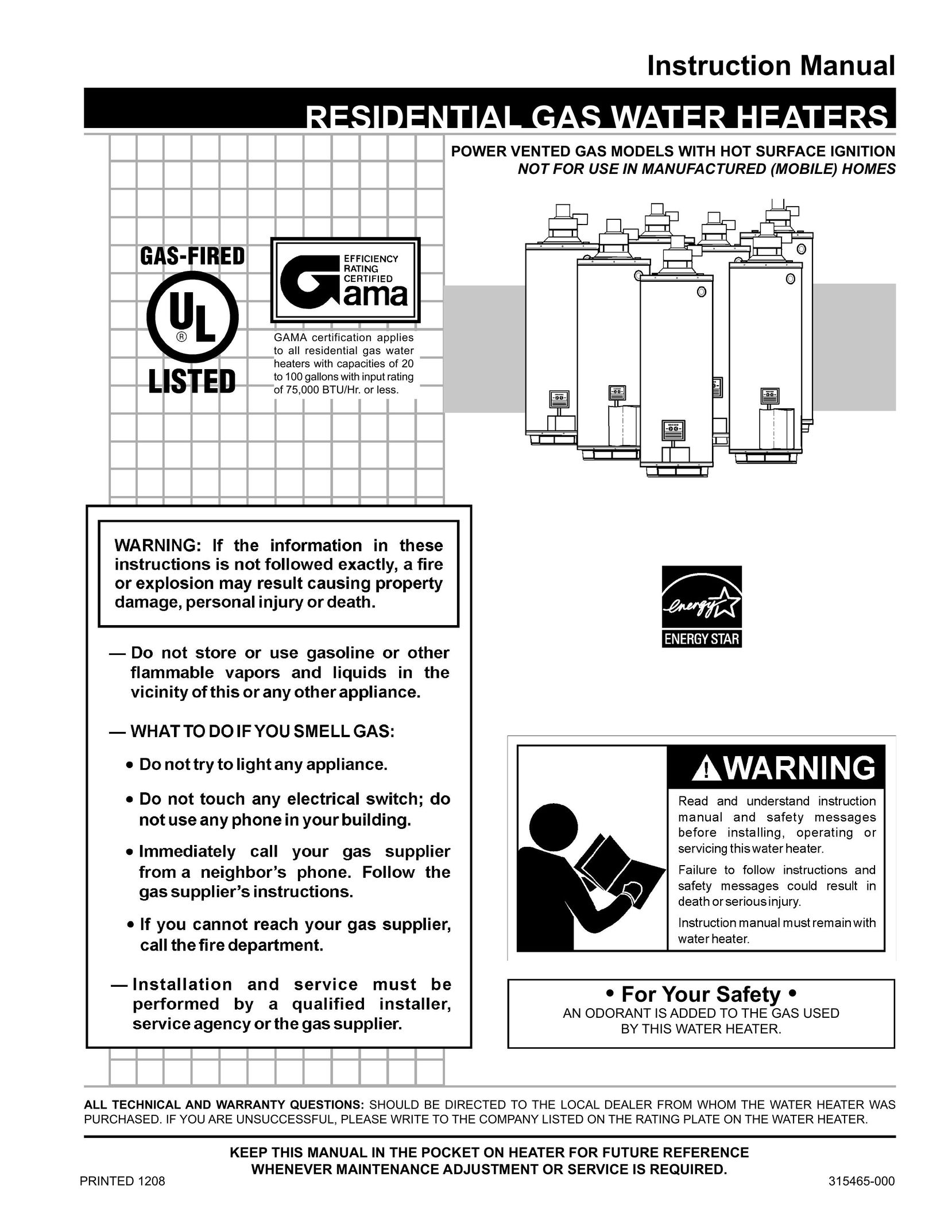 A.O. Smith 315465-000 Water Heater User Manual