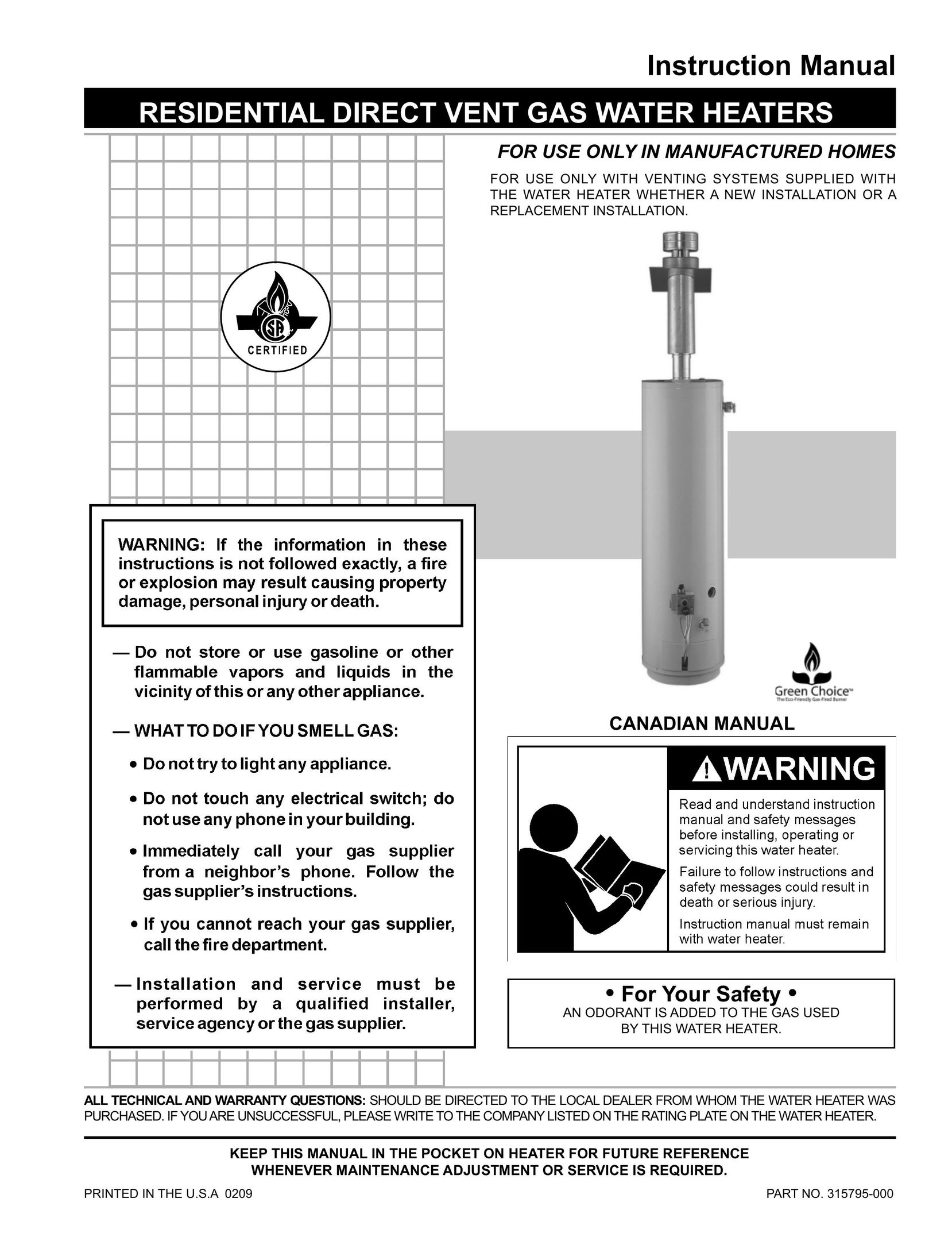 A.O. Smith 315795-000 MH Water Heater User Manual