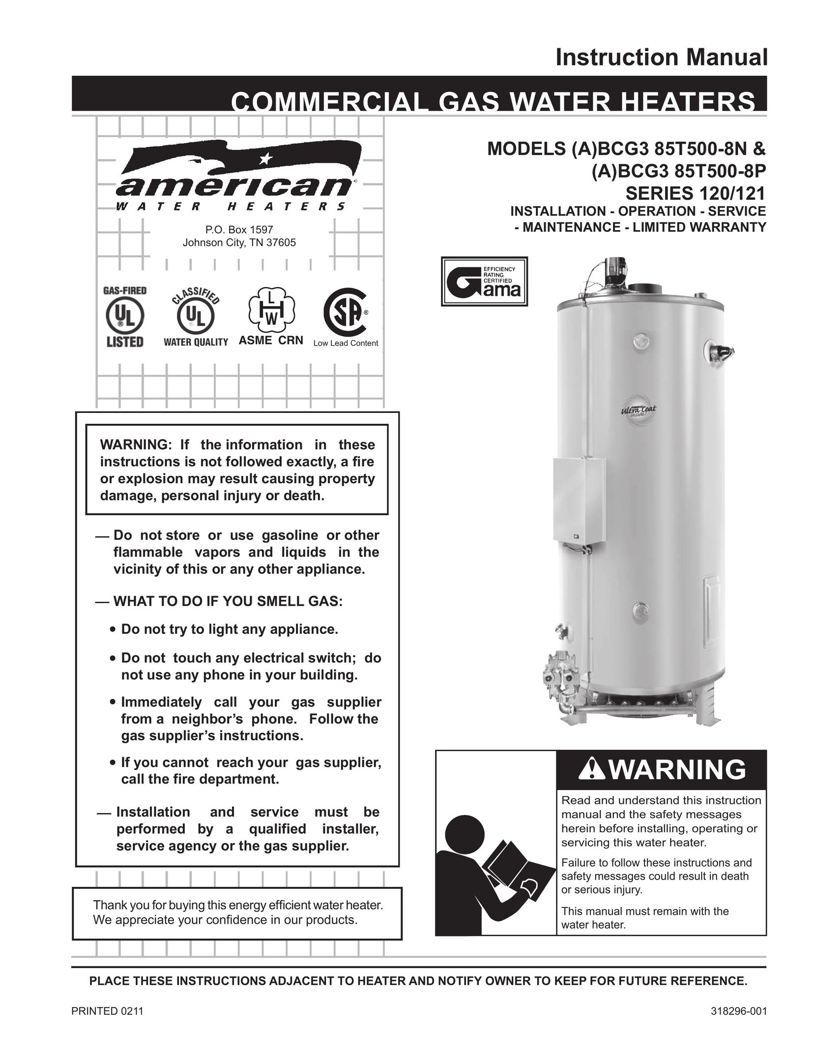 American Water Heater (A)BCG3 85T500-8N Water Heater User Manual