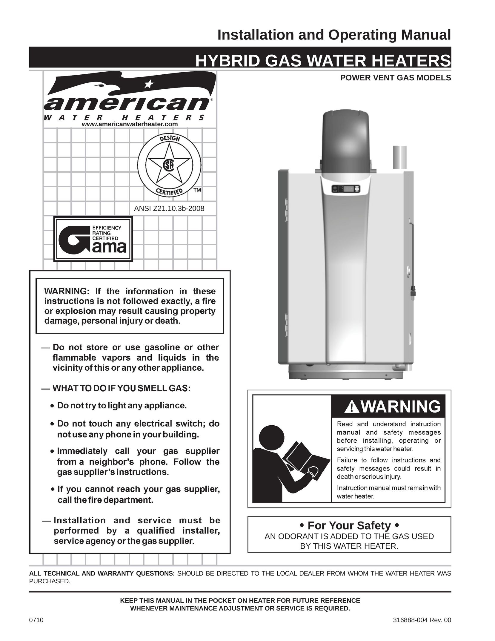 American Water Heater 316888-004 Water Heater User Manual
