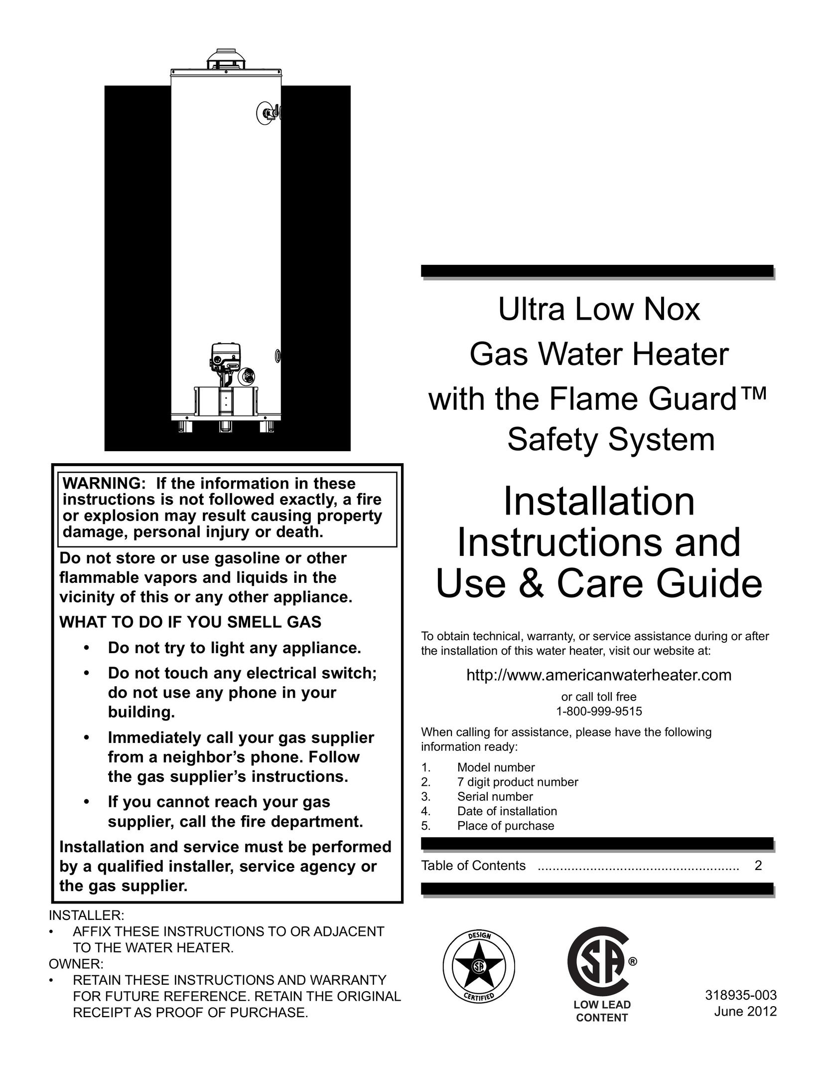 American Water Heater 318935-003 Water Heater User Manual