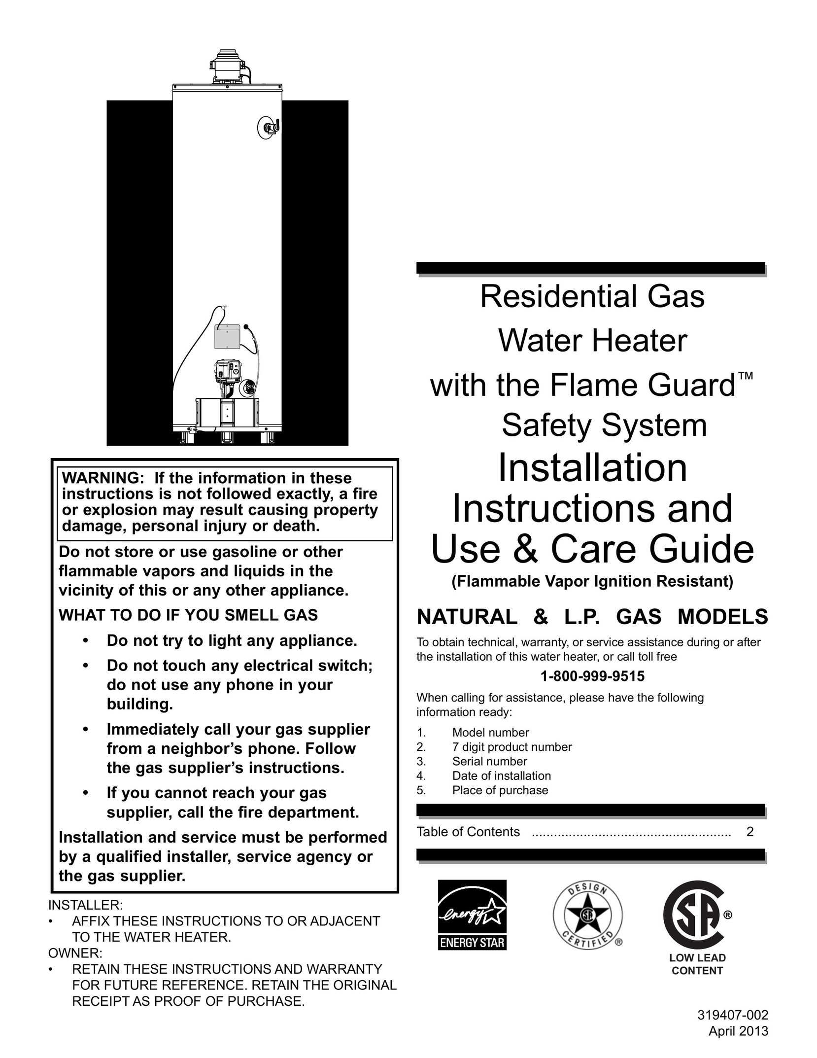 American Water Heater 319407-002 Water Heater User Manual