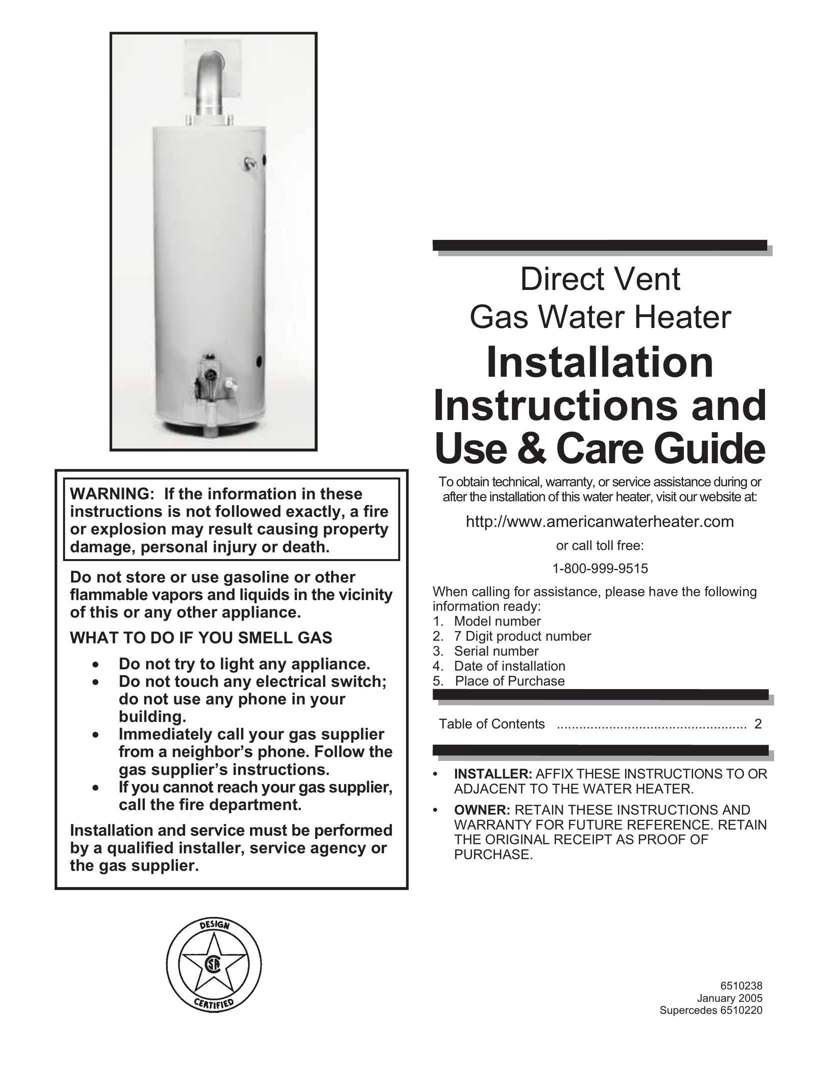 American Water Heater 6510238 Water Heater User Manual