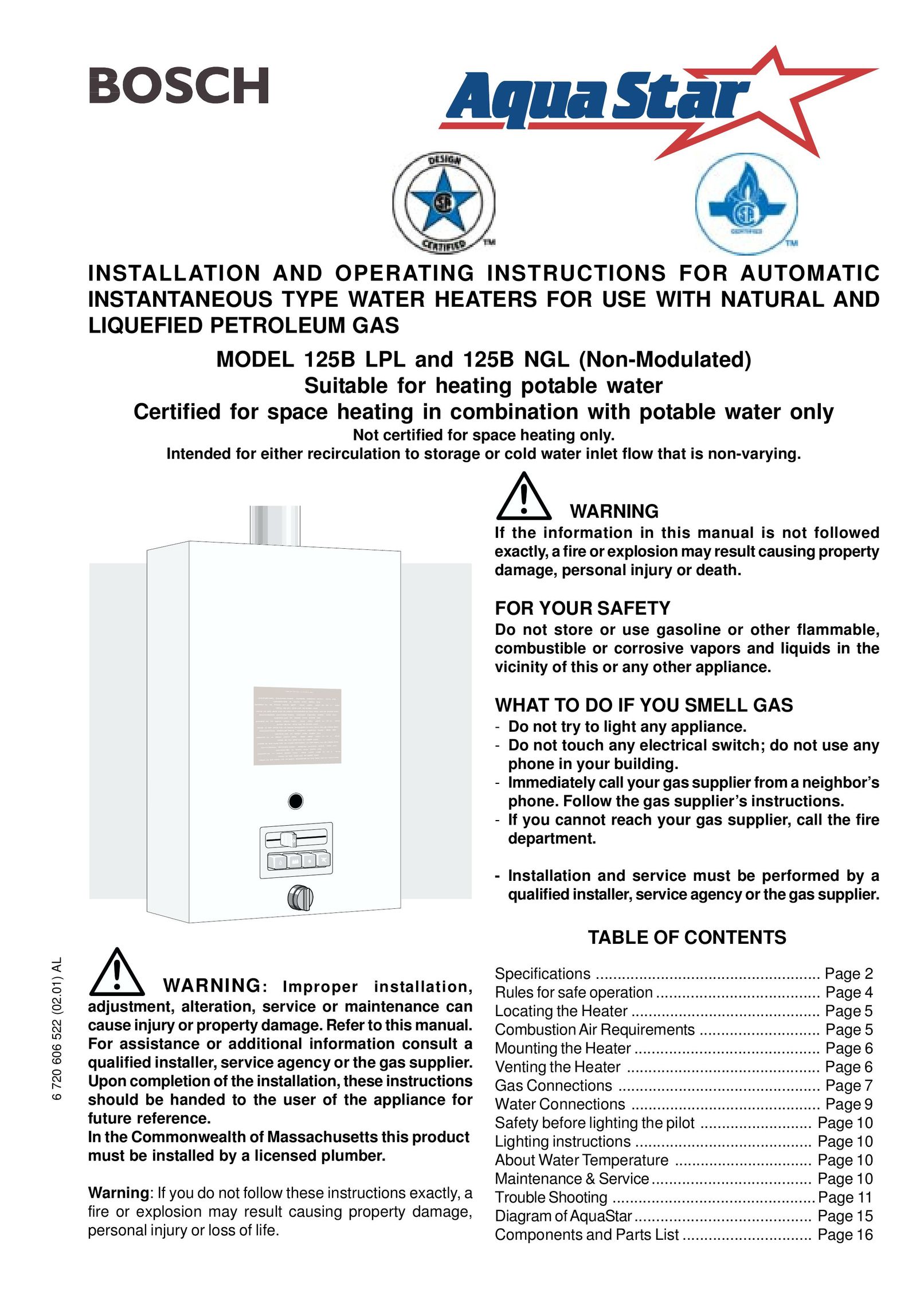 AquaStar 125B NGL Water Heater User Manual