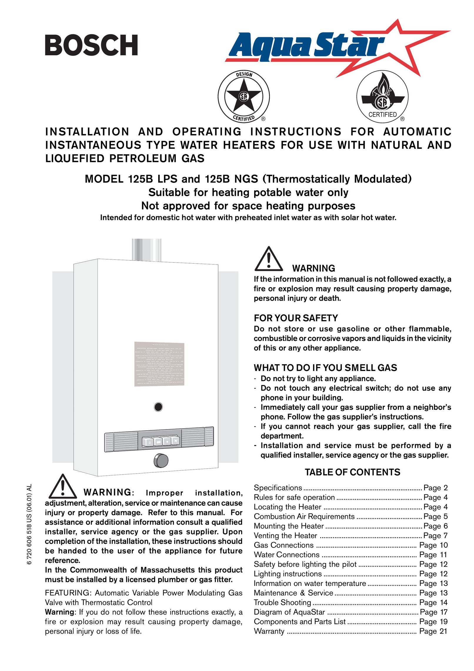 AquaStar 125B NGS Water Heater User Manual