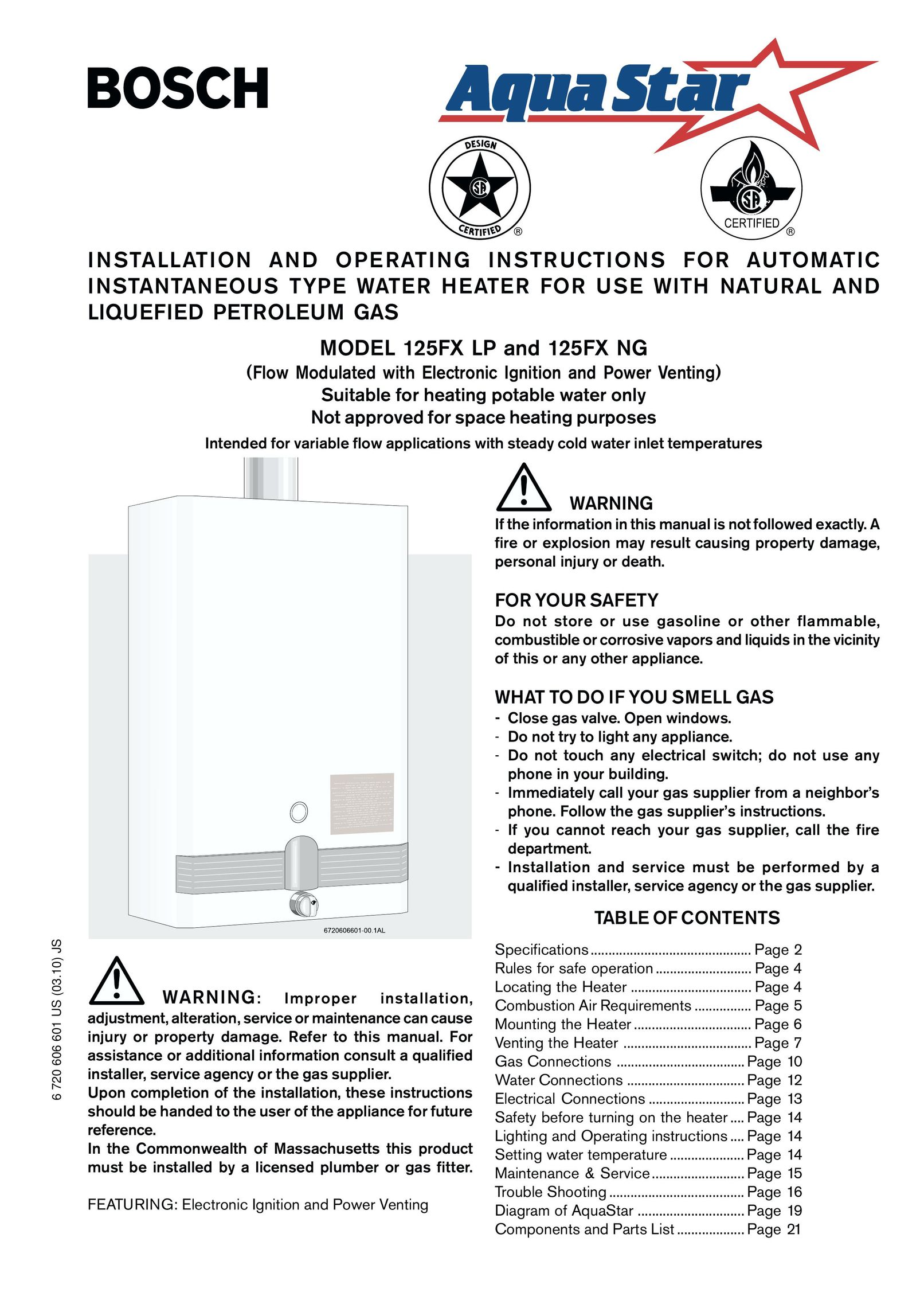 AquaStar 125FX LP Water Heater User Manual